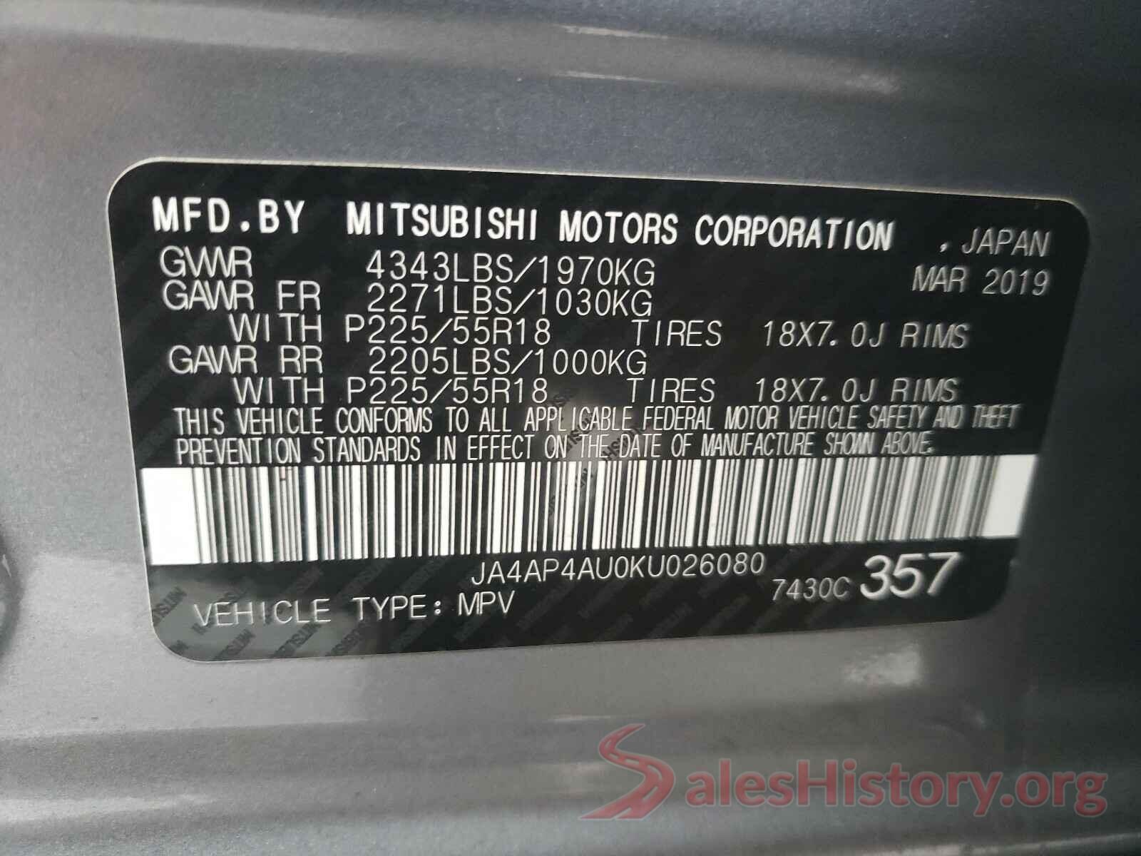 JA4AP4AU0KU026080 2019 MITSUBISHI OUTLANDER