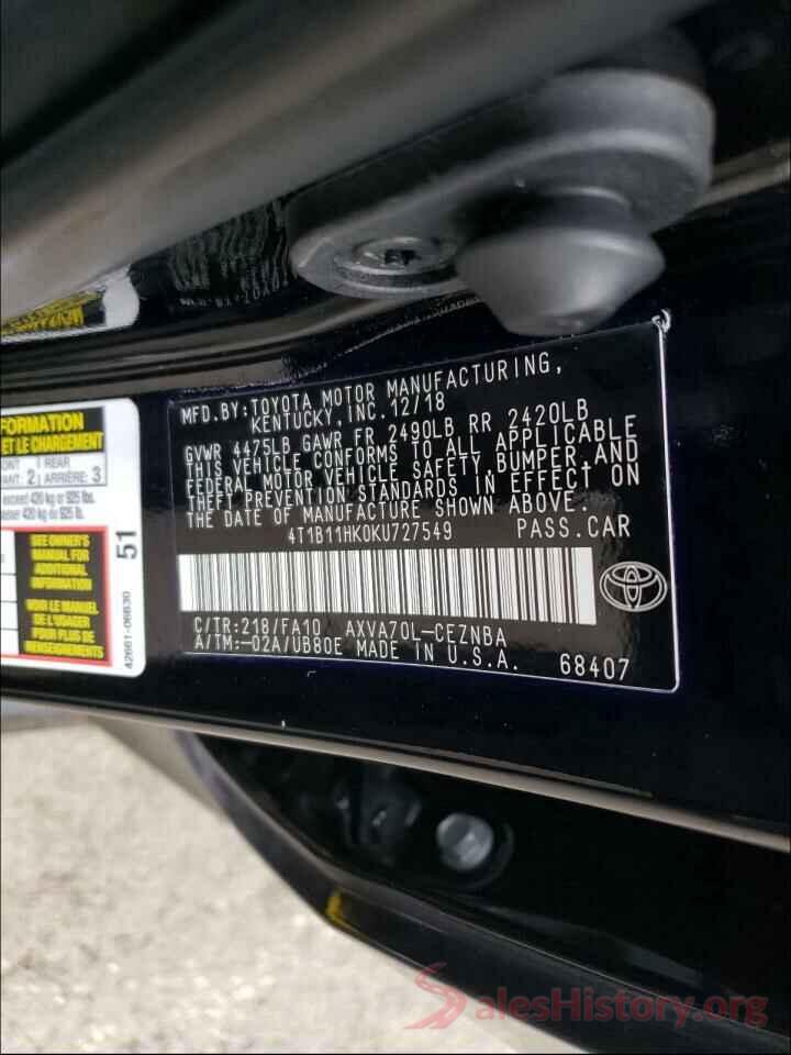 4T1B11HK0KU727549 2019 TOYOTA CAMRY