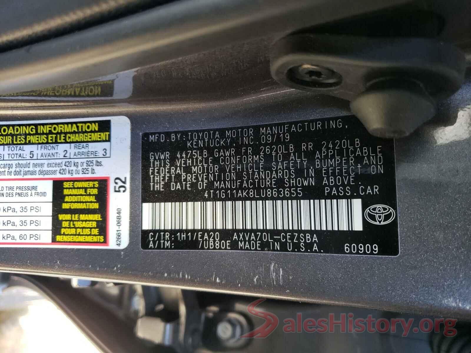 4T1G11AK8LU863655 2020 TOYOTA CAMRY