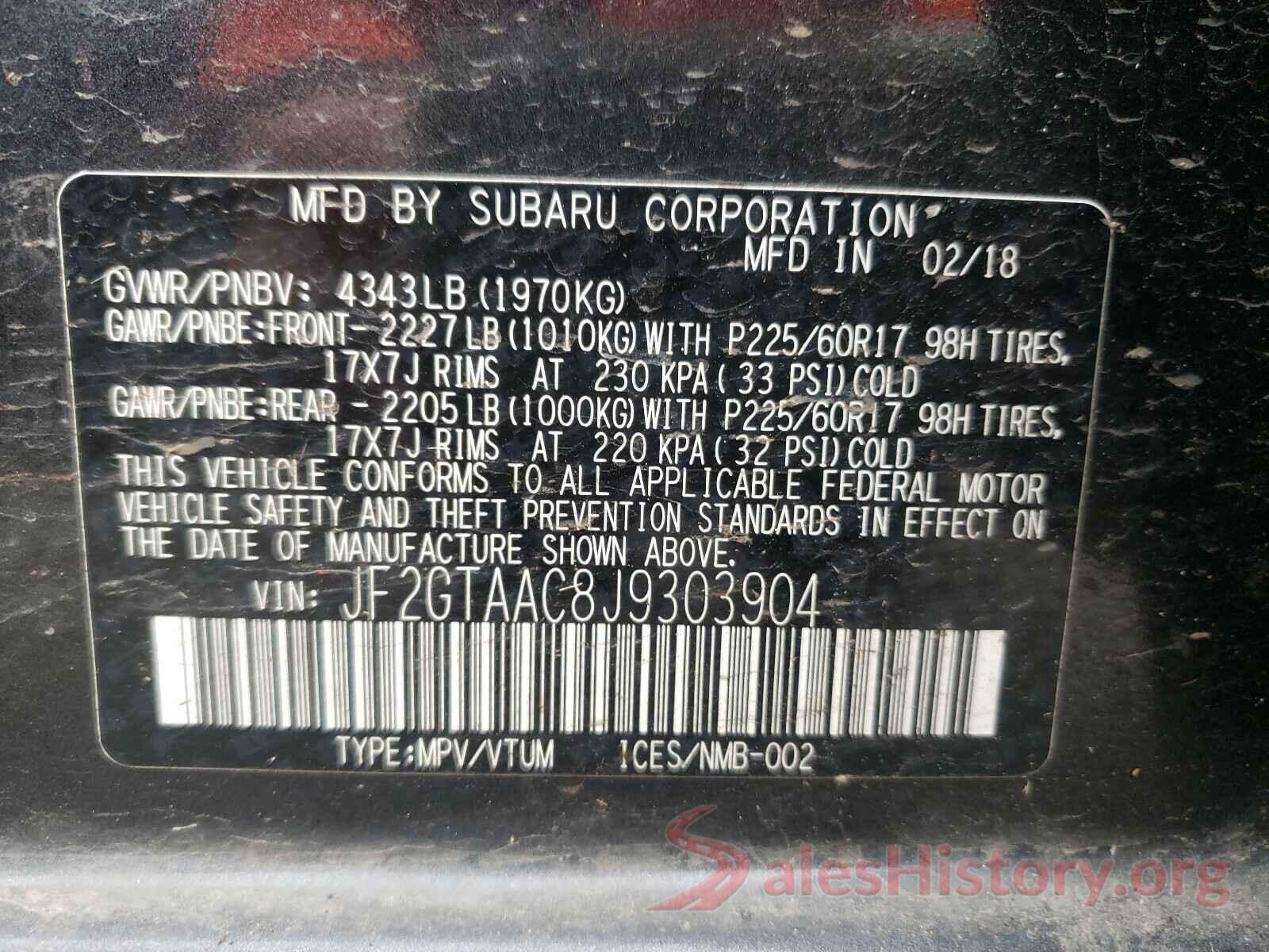 JF2GTAAC8J9303904 2018 SUBARU CROSSTREK