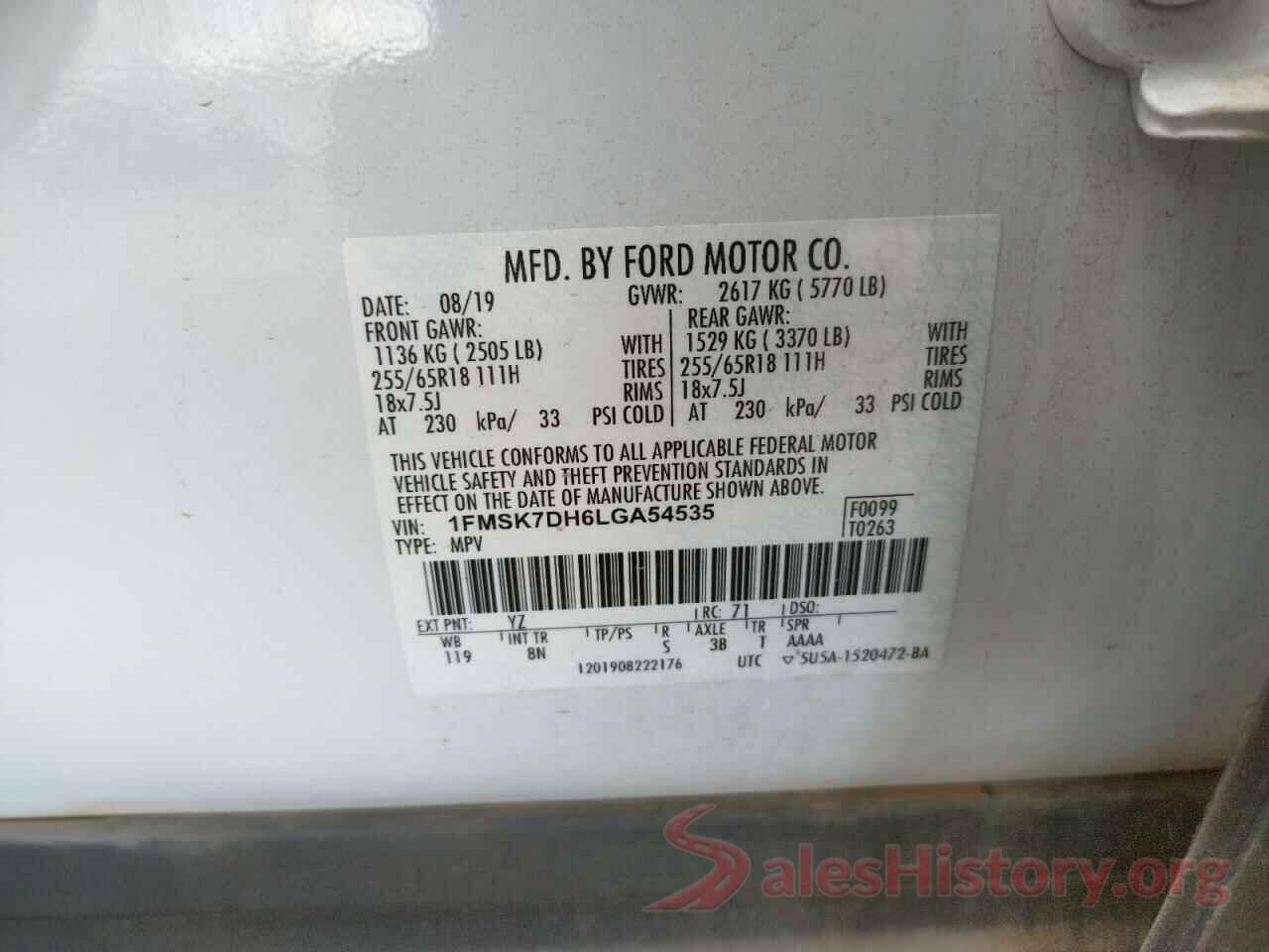 1FMSK7DH6LGA54535 2020 FORD EXPLORER