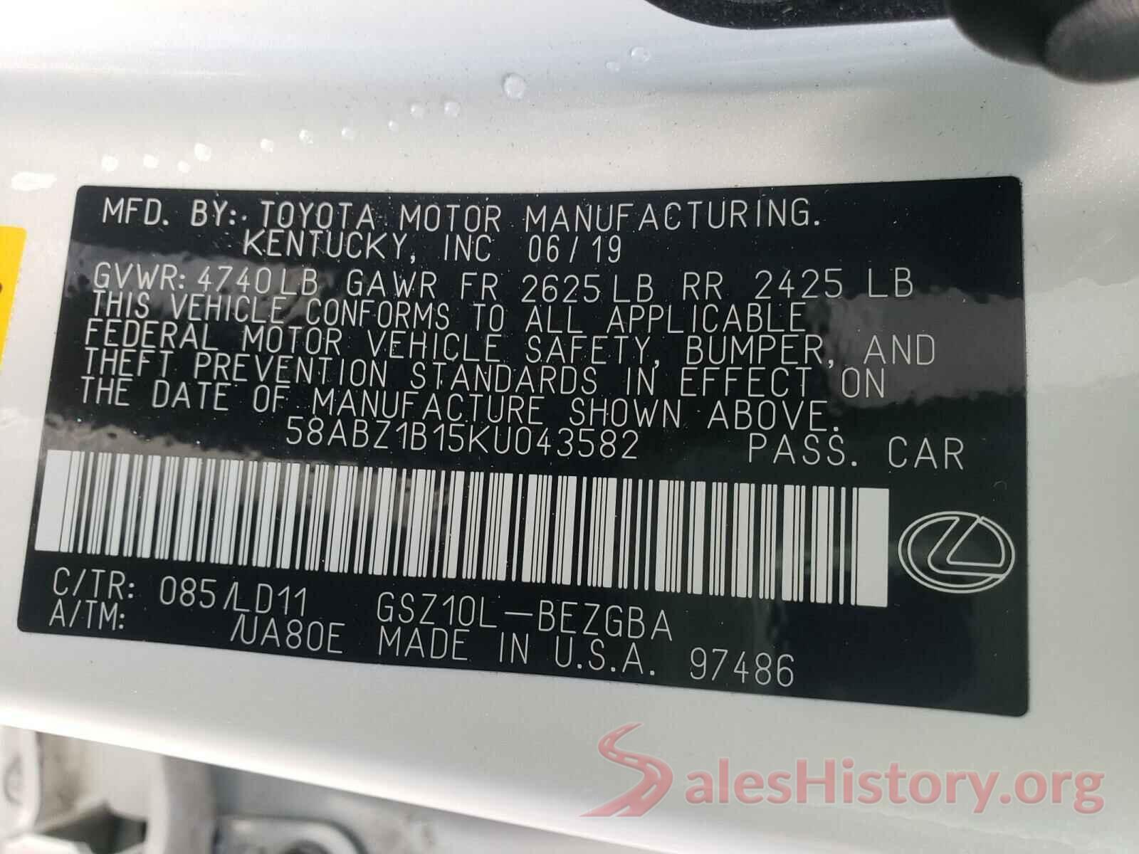 58ABZ1B15KU043582 2019 LEXUS ES350