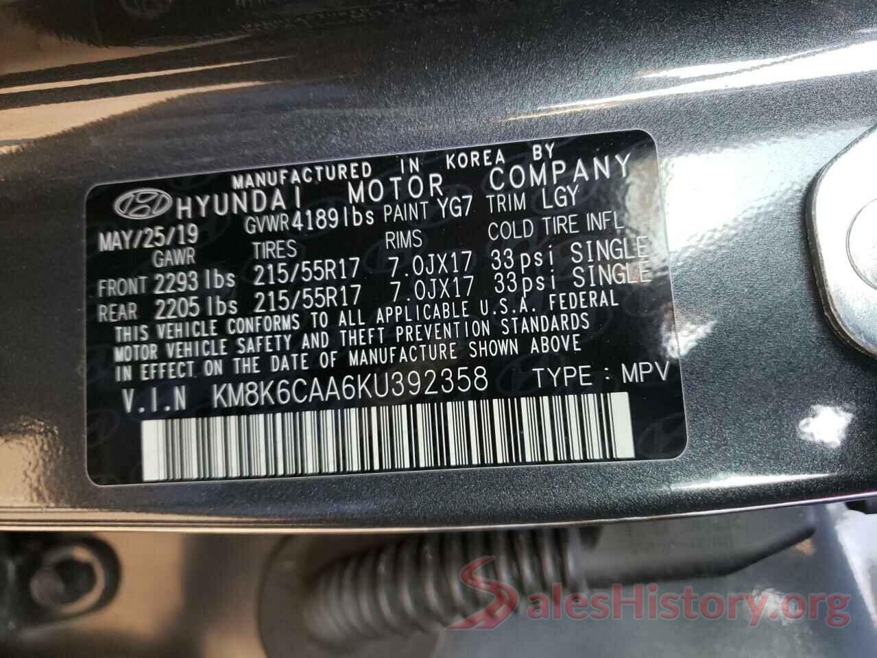 KM8K6CAA6KU392358 2019 HYUNDAI KONA