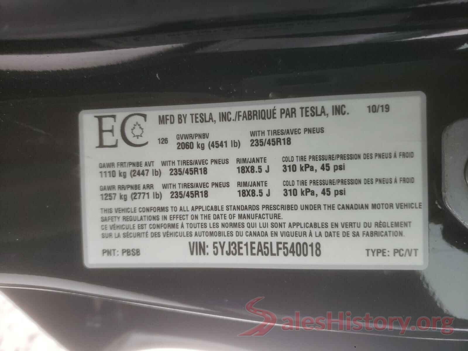 5YJ3E1EA5LF540018 2020 TESLA MODEL 3