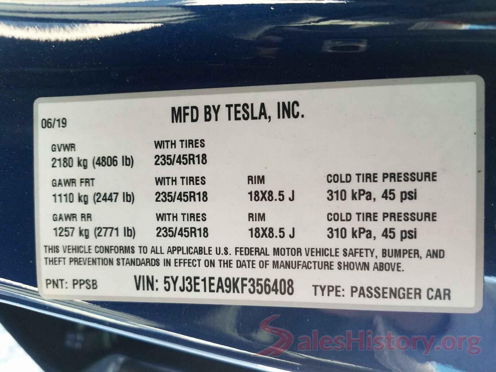 5YJ3E1EA9KF356408 2019 TESLA MODEL 3