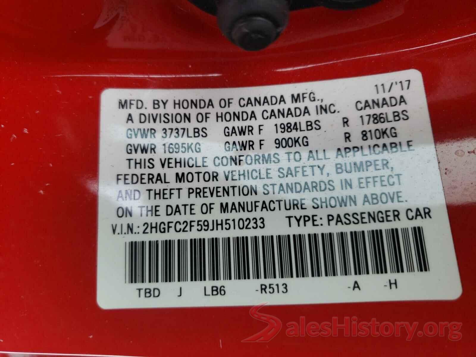 2HGFC2F59JH510233 2018 HONDA CIVIC