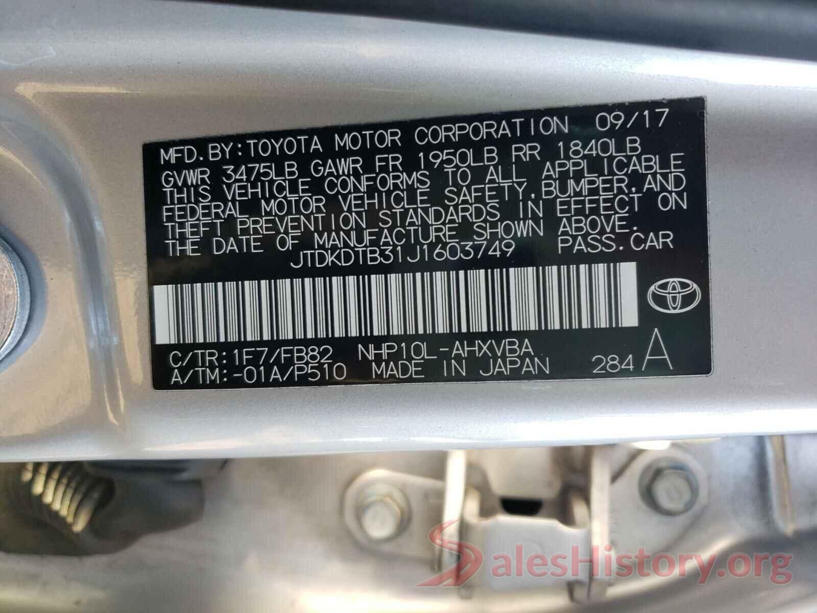 JTDKDTB31J1603749 2018 TOYOTA PRIUS