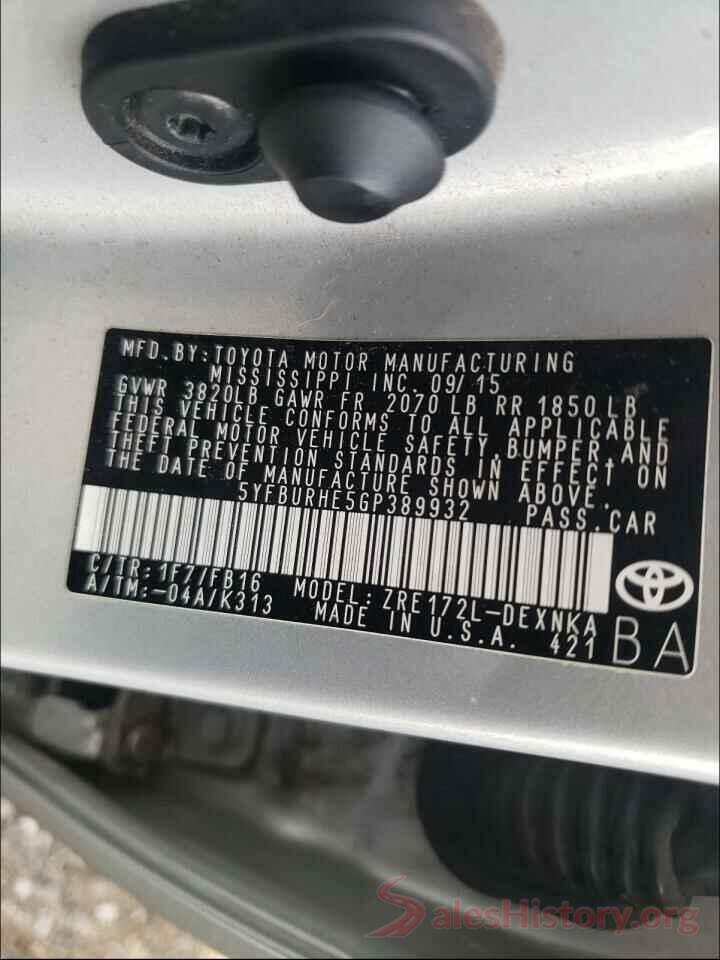 5YFBURHE5GP389932 2016 TOYOTA COROLLA