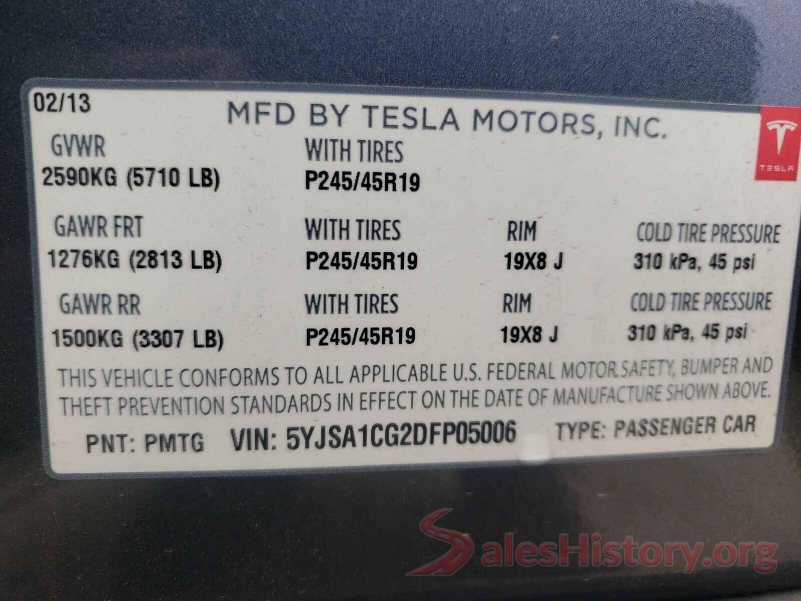 5YJSA1CG2DFP05006 2013 TESLA MODEL S