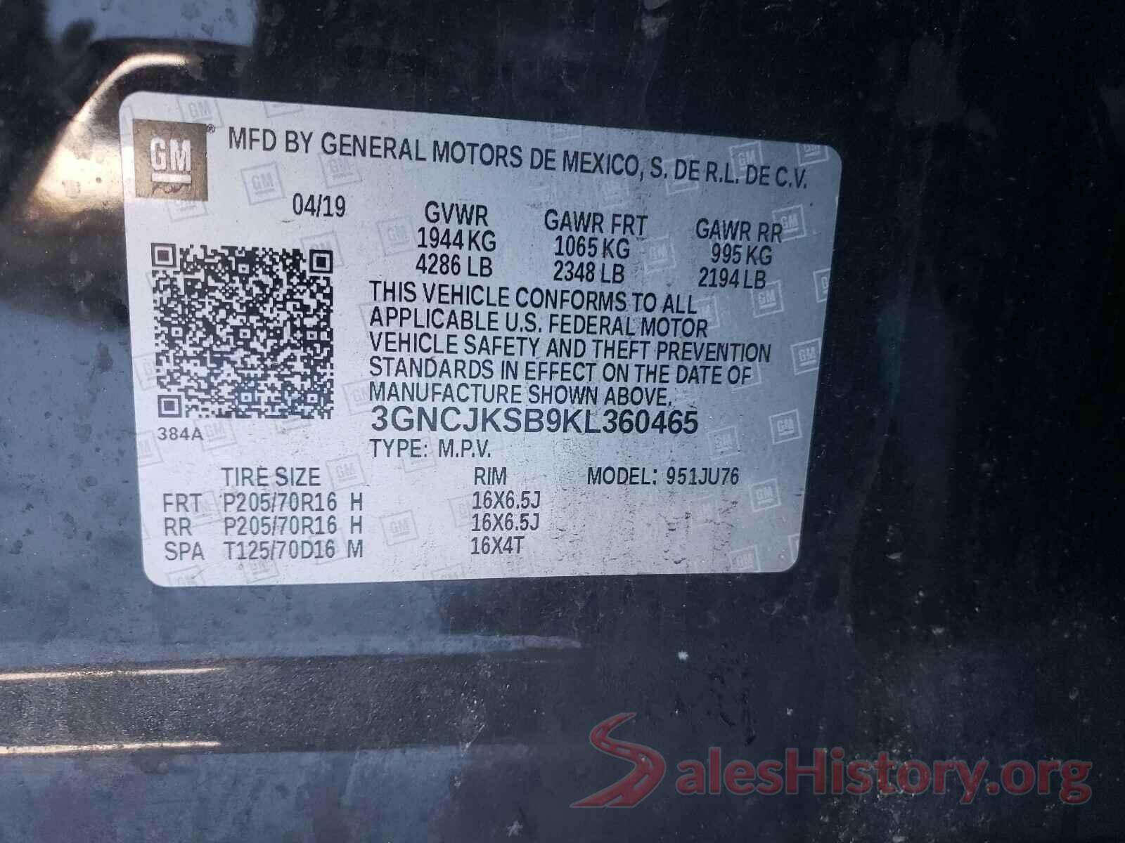 3GNCJKSB9KL360465 2019 CHEVROLET TRAX