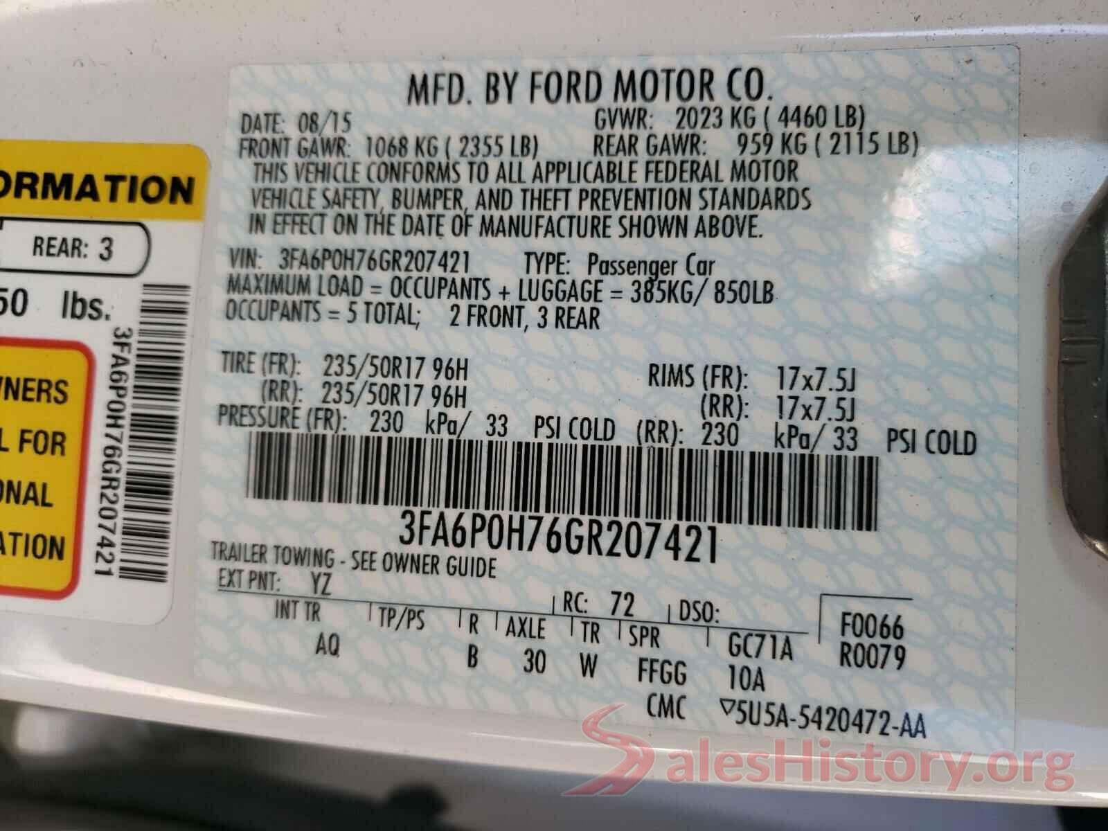 3FA6P0H76GR207421 2016 FORD FUSION