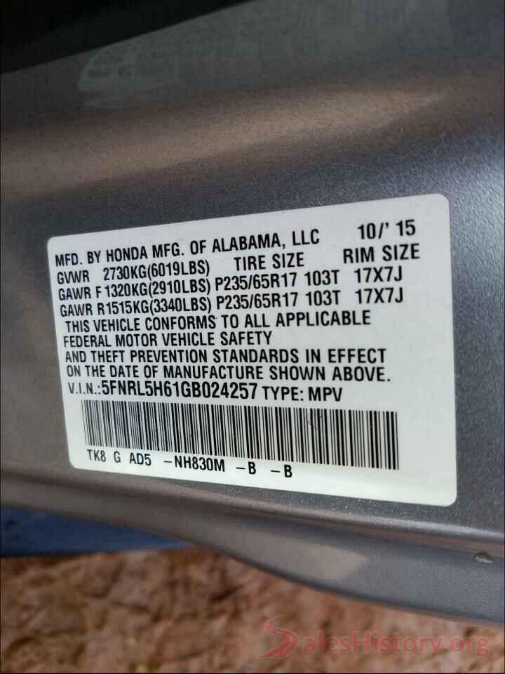 5FNRL5H61GB024257 2016 HONDA ODYSSEY