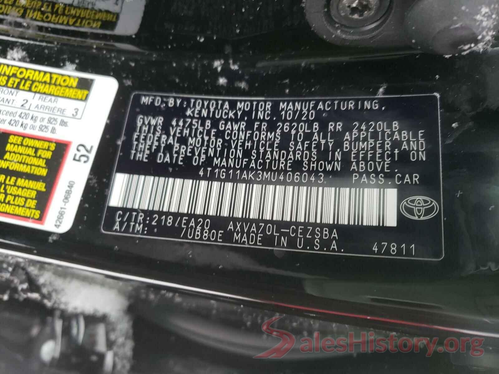 4T1G11AK3MU406043 2021 TOYOTA CAMRY