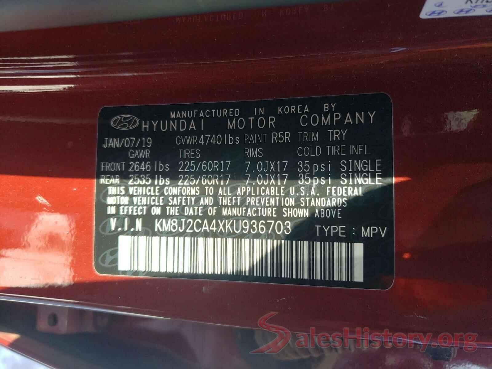 KM8J2CA4XKU936703 2019 HYUNDAI TUCSON