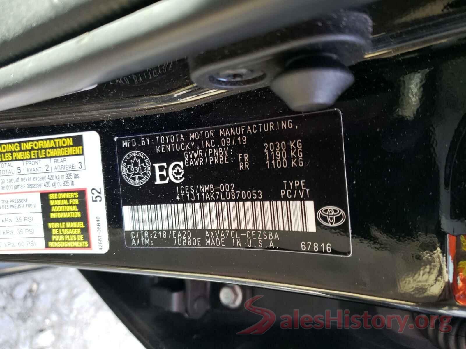 4T1J11AK7LU870053 2020 TOYOTA CAMRY