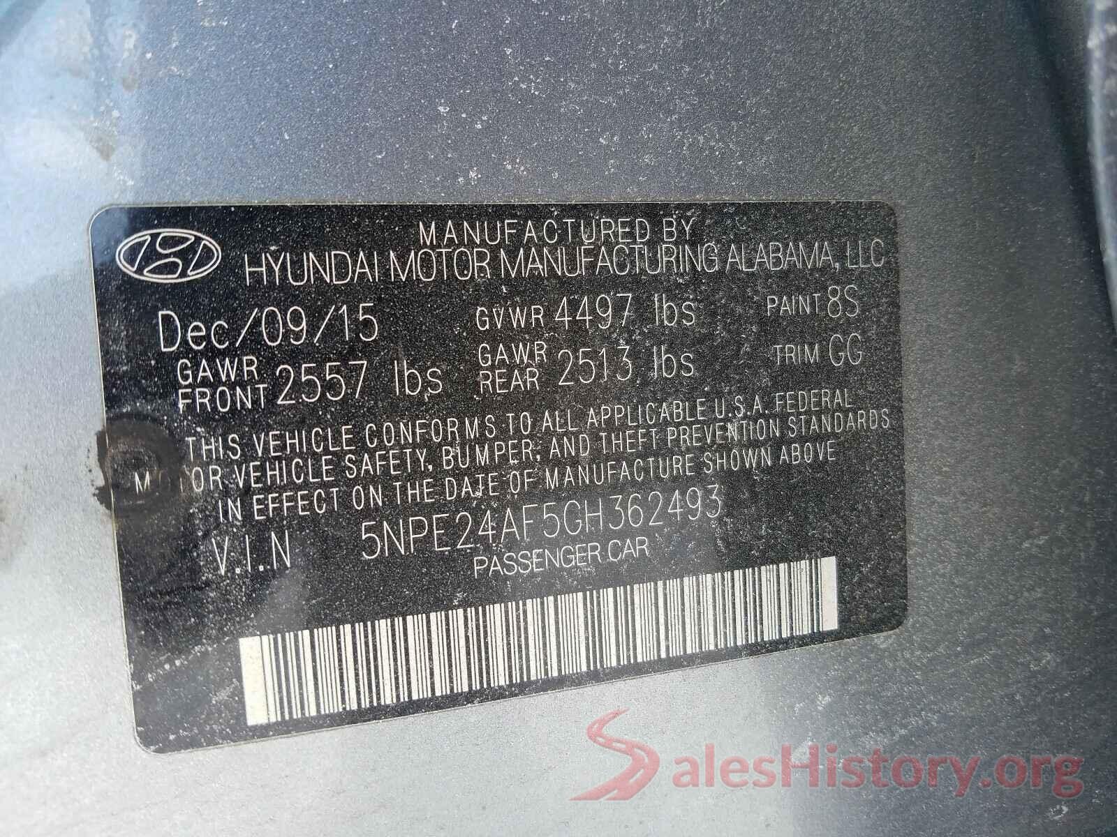 5NPE24AF5GH362493 2016 HYUNDAI SONATA