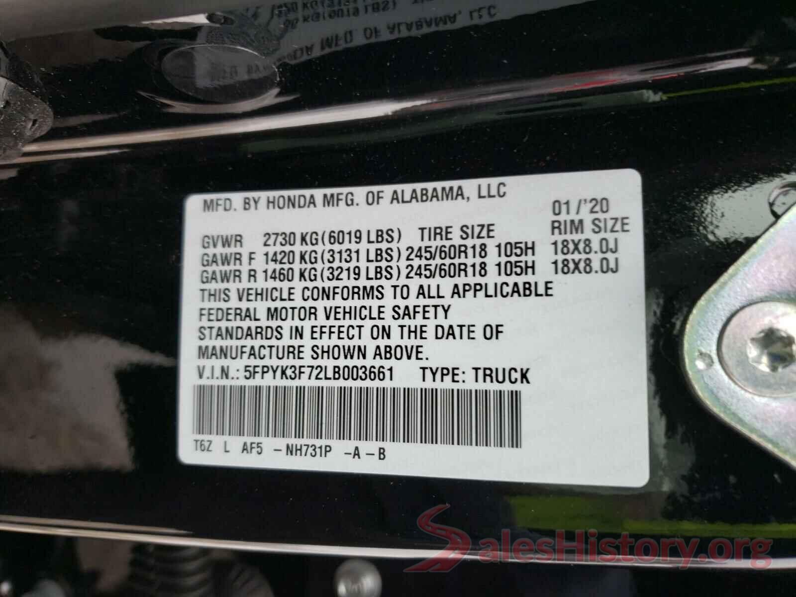 5FPYK3F72LB003661 2020 HONDA RIDGELINE