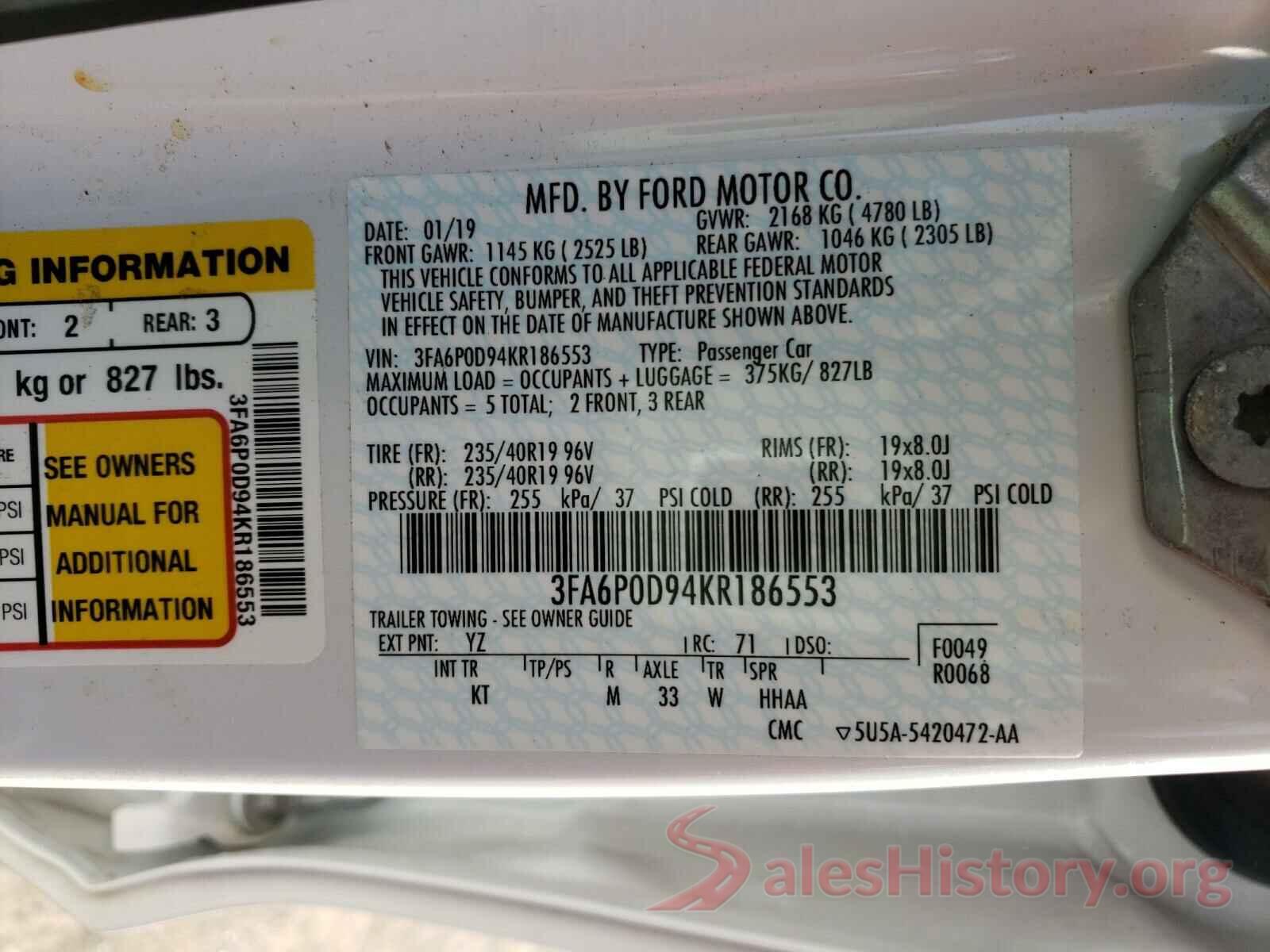 3FA6P0D94KR186553 2019 FORD FUSION