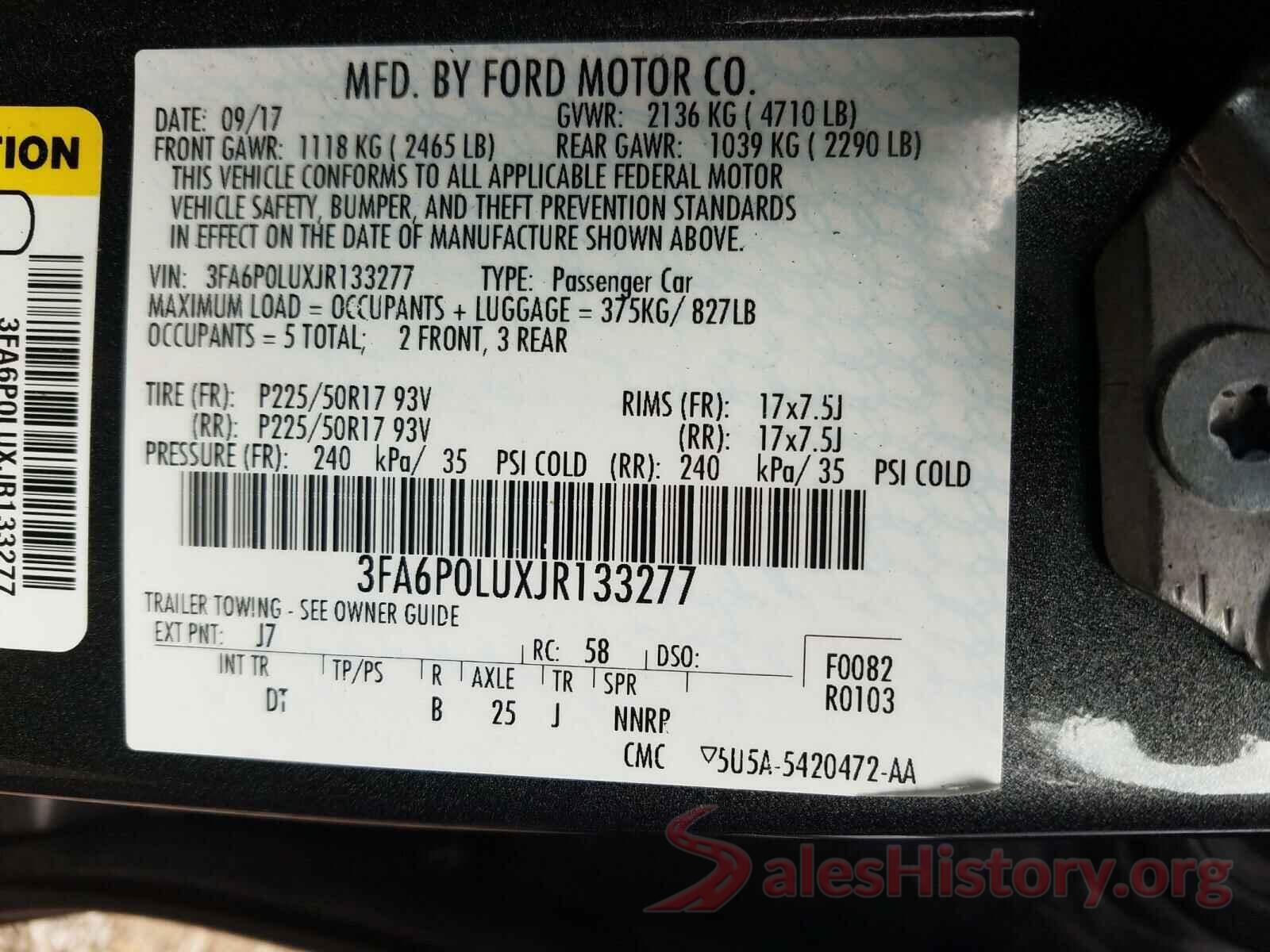 3FA6P0LUXJR133277 2018 FORD FUSION