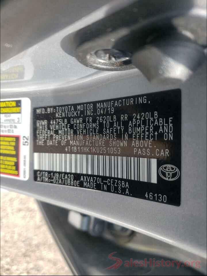 4T1B11HK1KU251053 2019 TOYOTA CAMRY