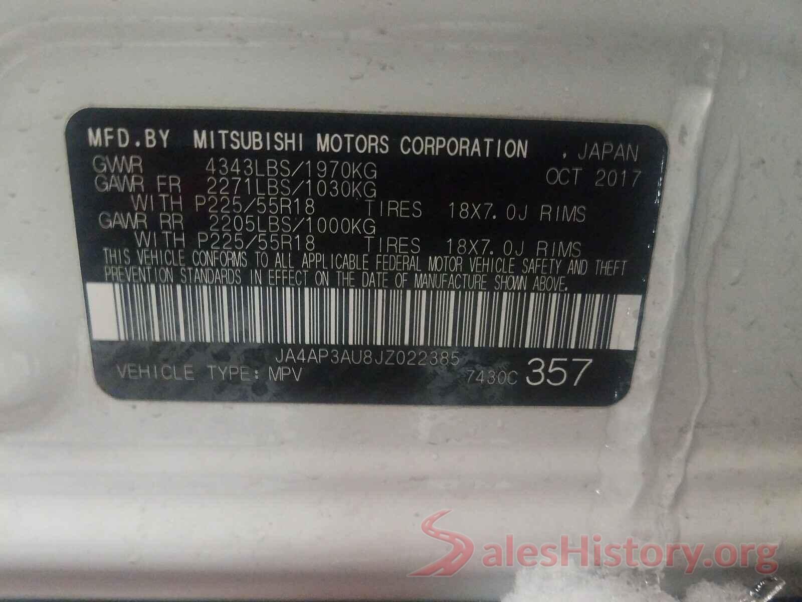 JA4AP3AU8JZ022385 2018 MITSUBISHI OUTLANDER