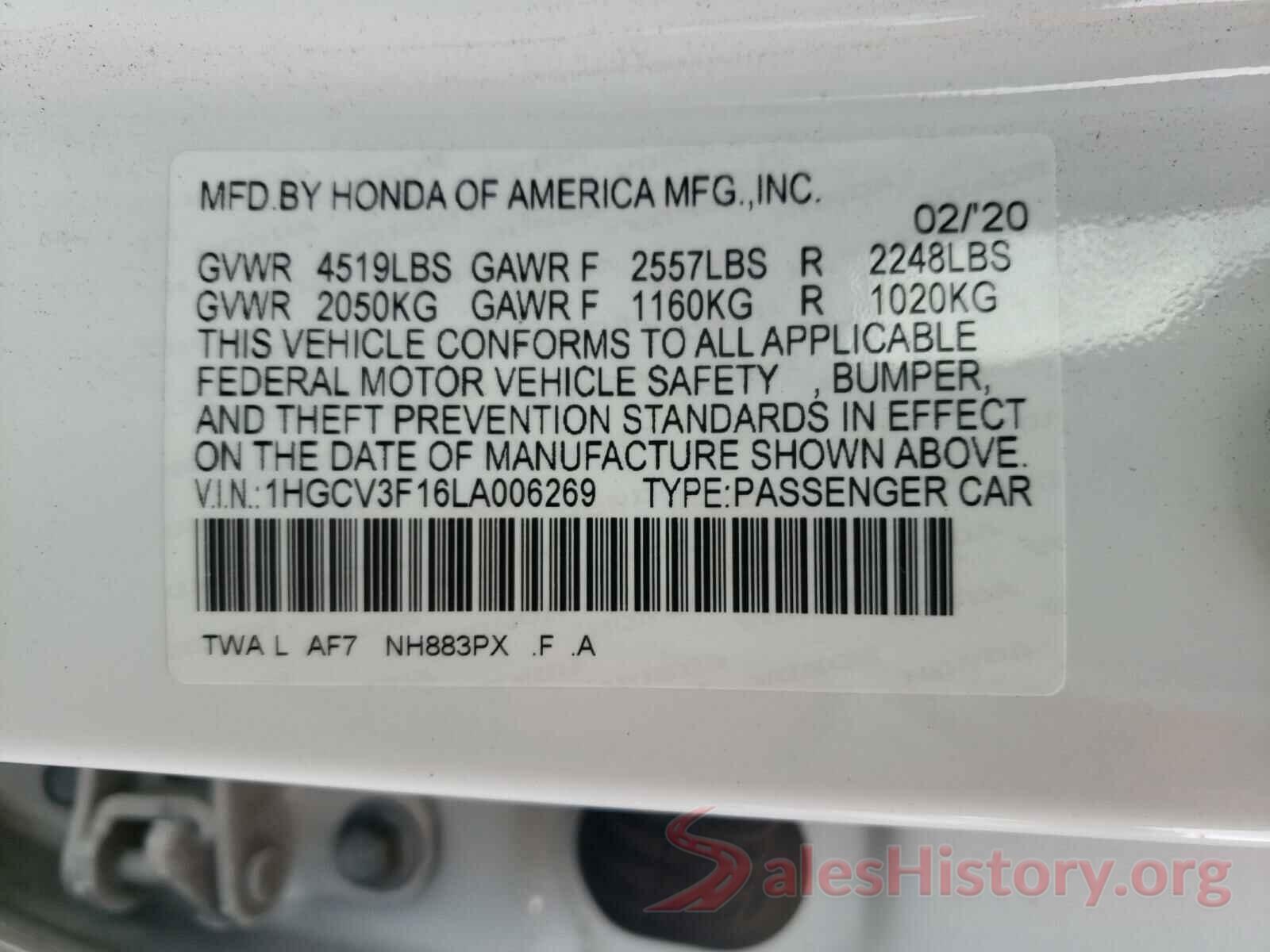 1HGCV3F16LA006269 2020 HONDA ACCORD