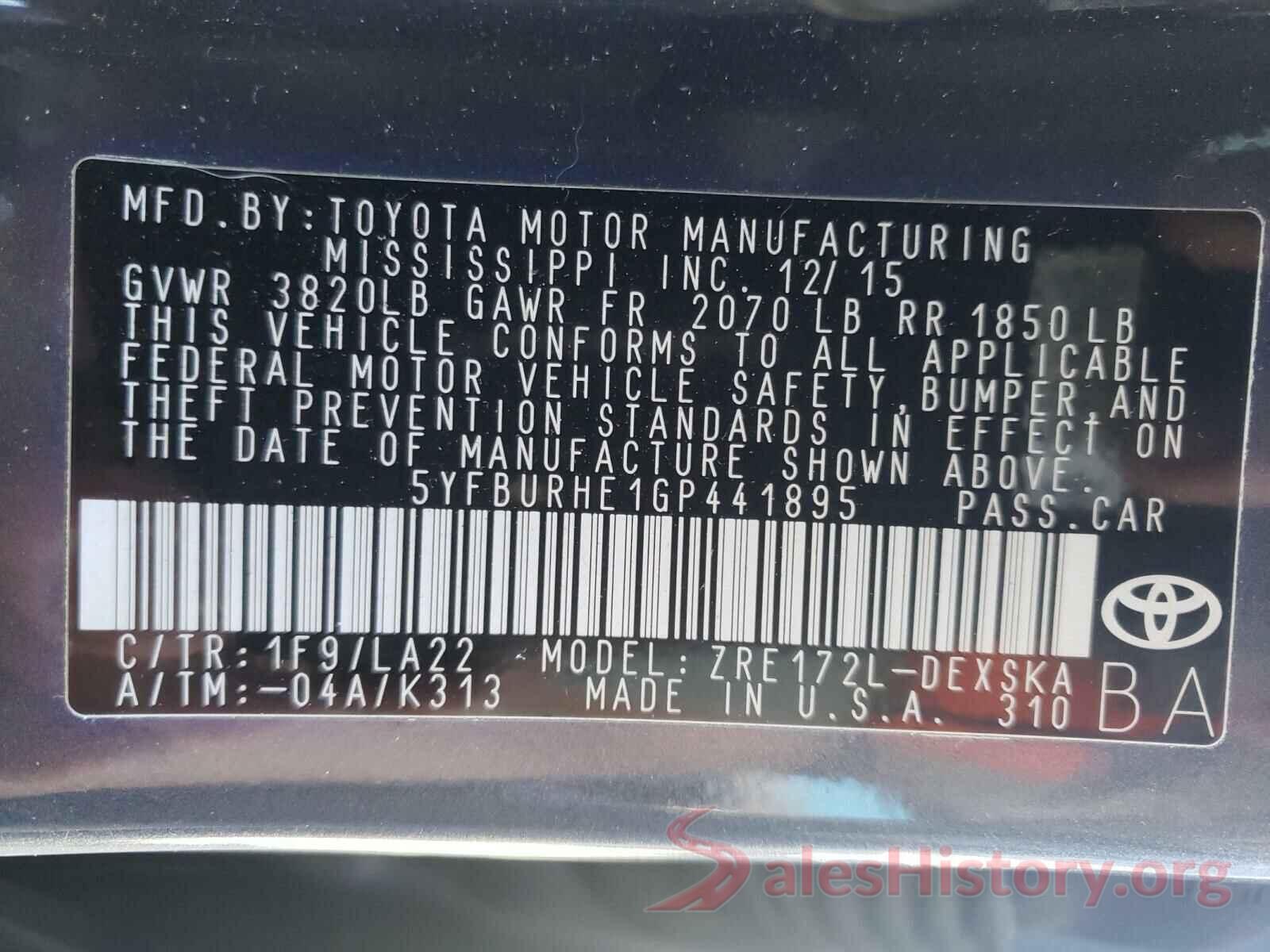 5YFBURHE1GP441895 2016 TOYOTA COROLLA