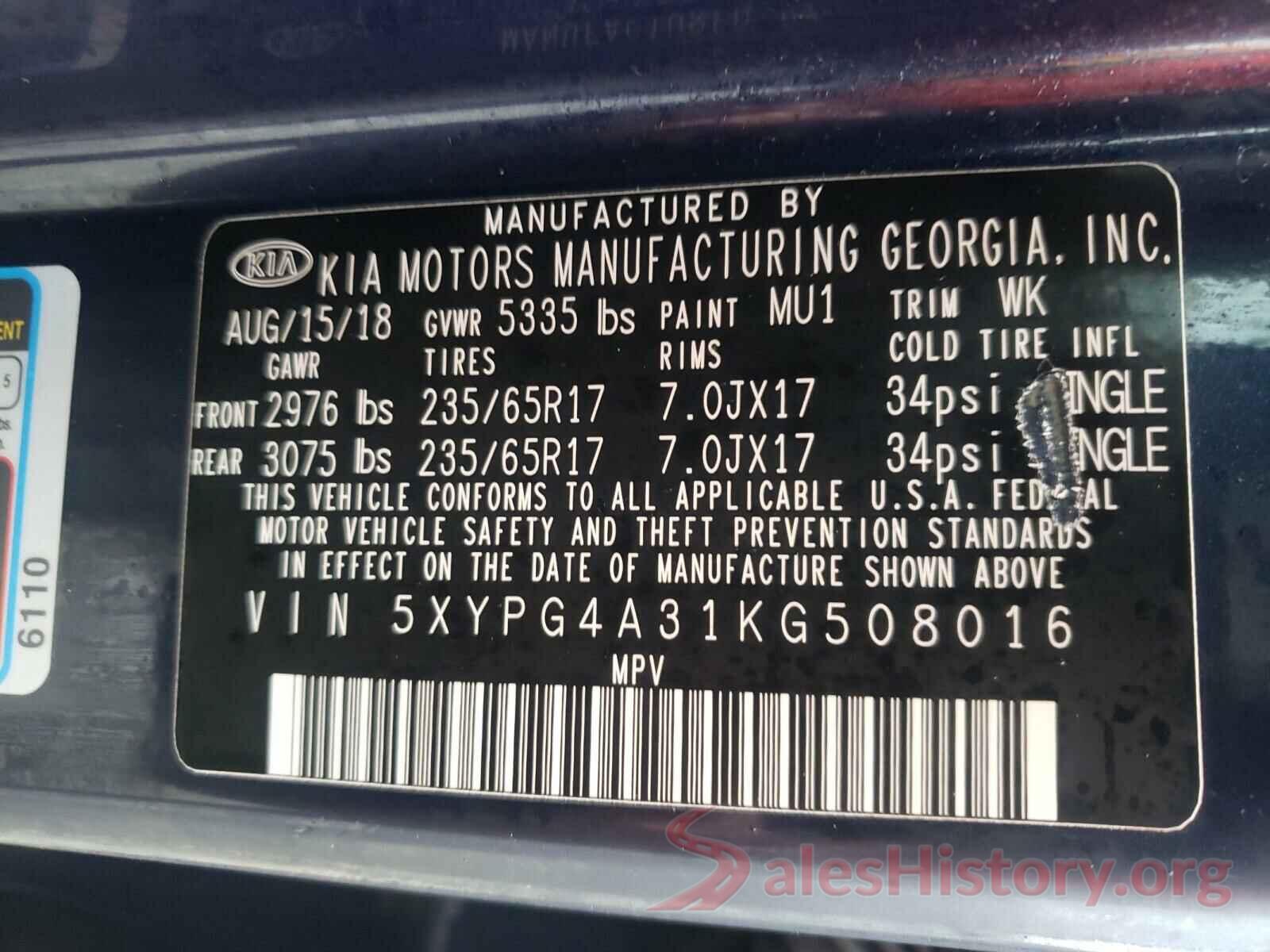 5XYPG4A31KG508016 2019 KIA SORENTO