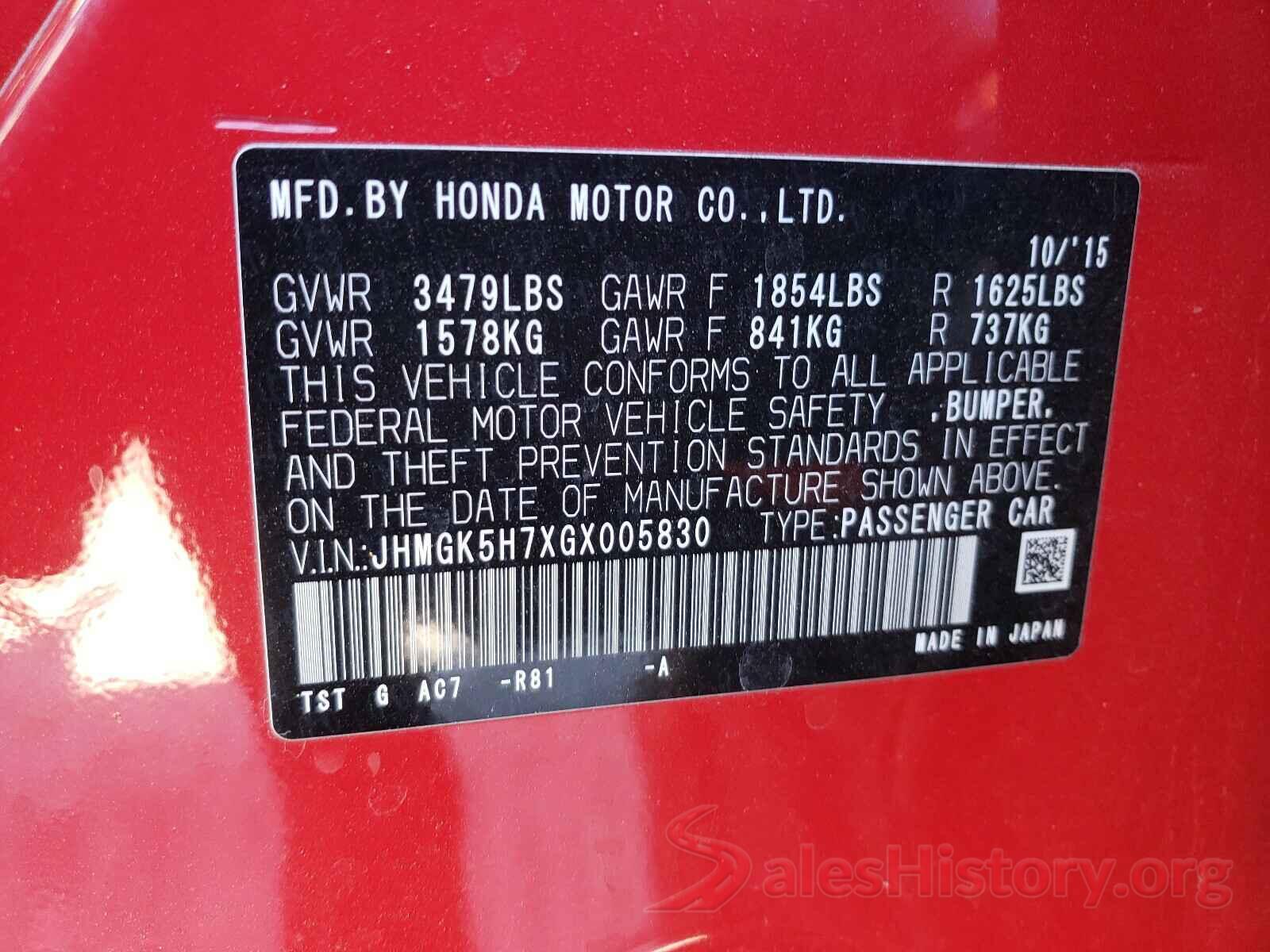 JHMGK5H7XGX005830 2016 HONDA FIT