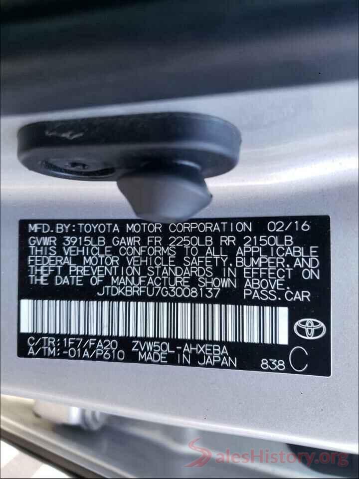 JTDKBRFU7G3008137 2016 TOYOTA PRIUS