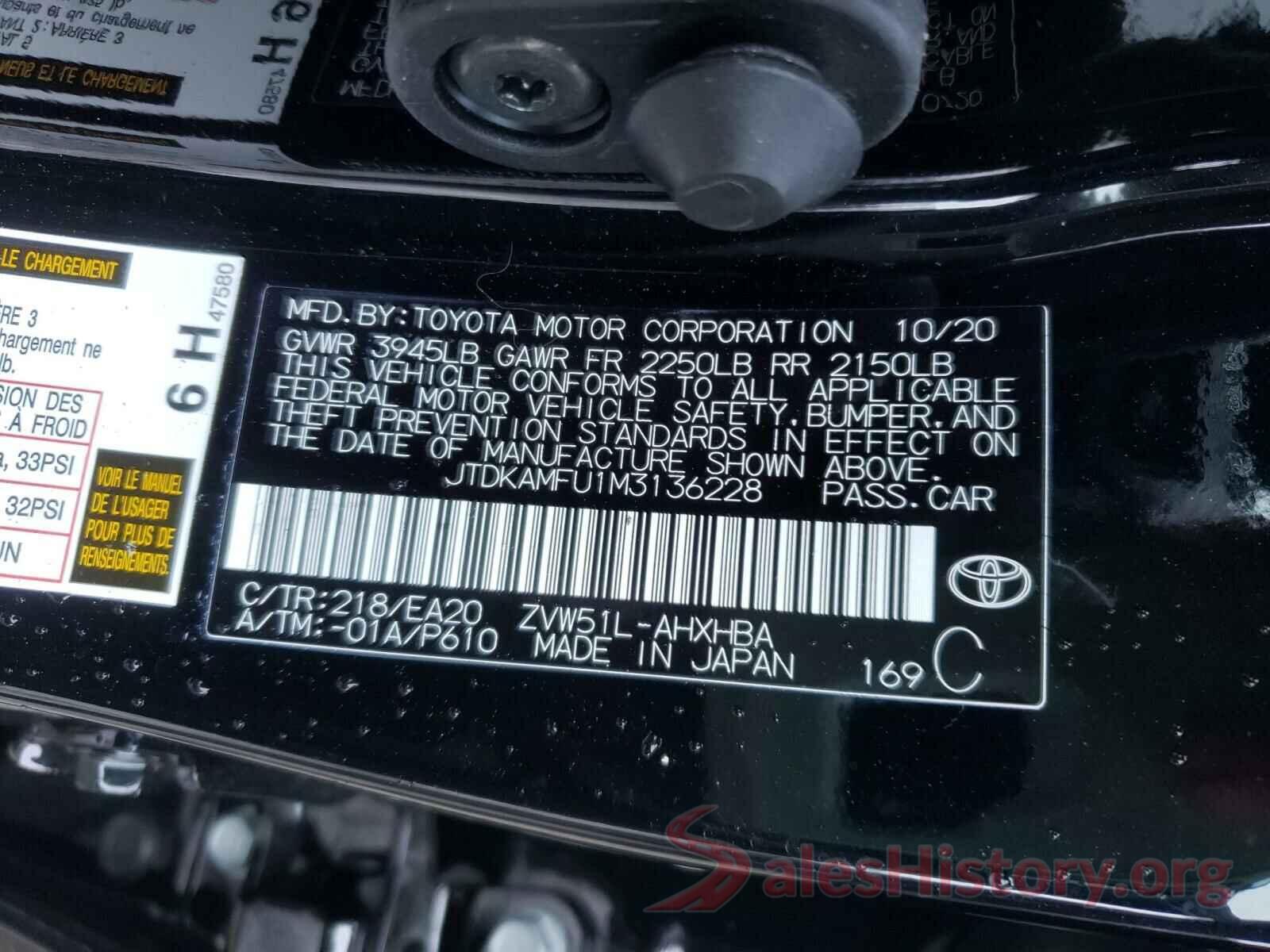 JTDKAMFU1M3136228 2021 TOYOTA PRIUS