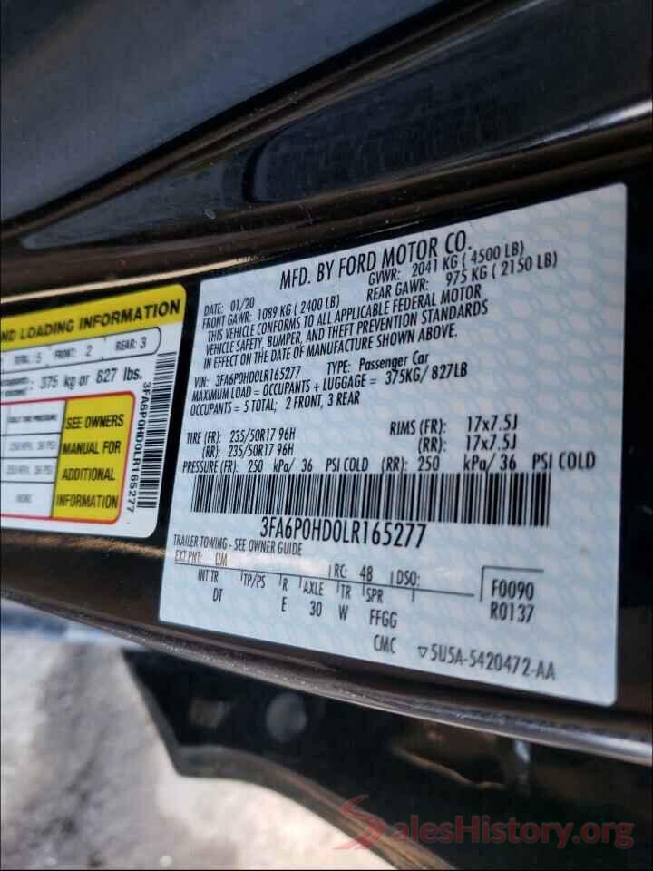 3FA6P0HD0LR165277 2020 FORD FUSION