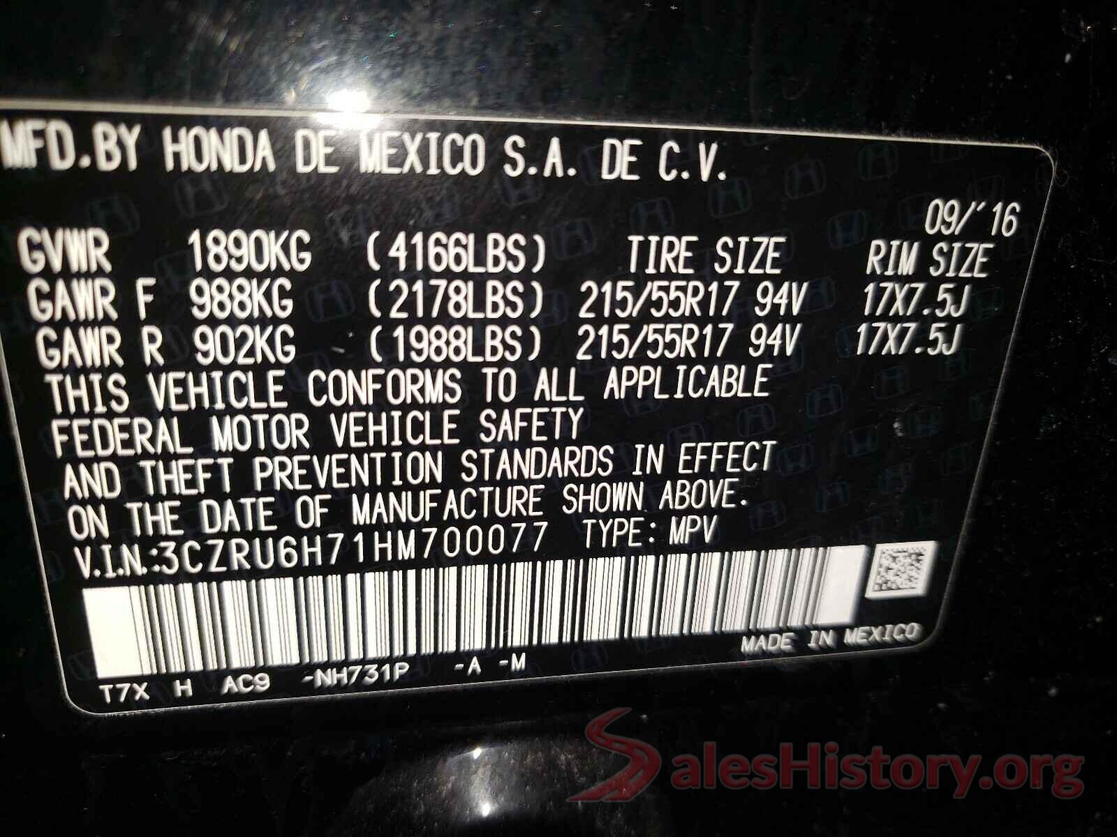 3CZRU6H71HM700077 2017 HONDA HR-V