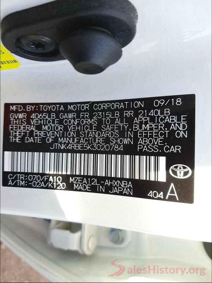 JTNK4RBE5K3020784 2019 TOYOTA COROLLA