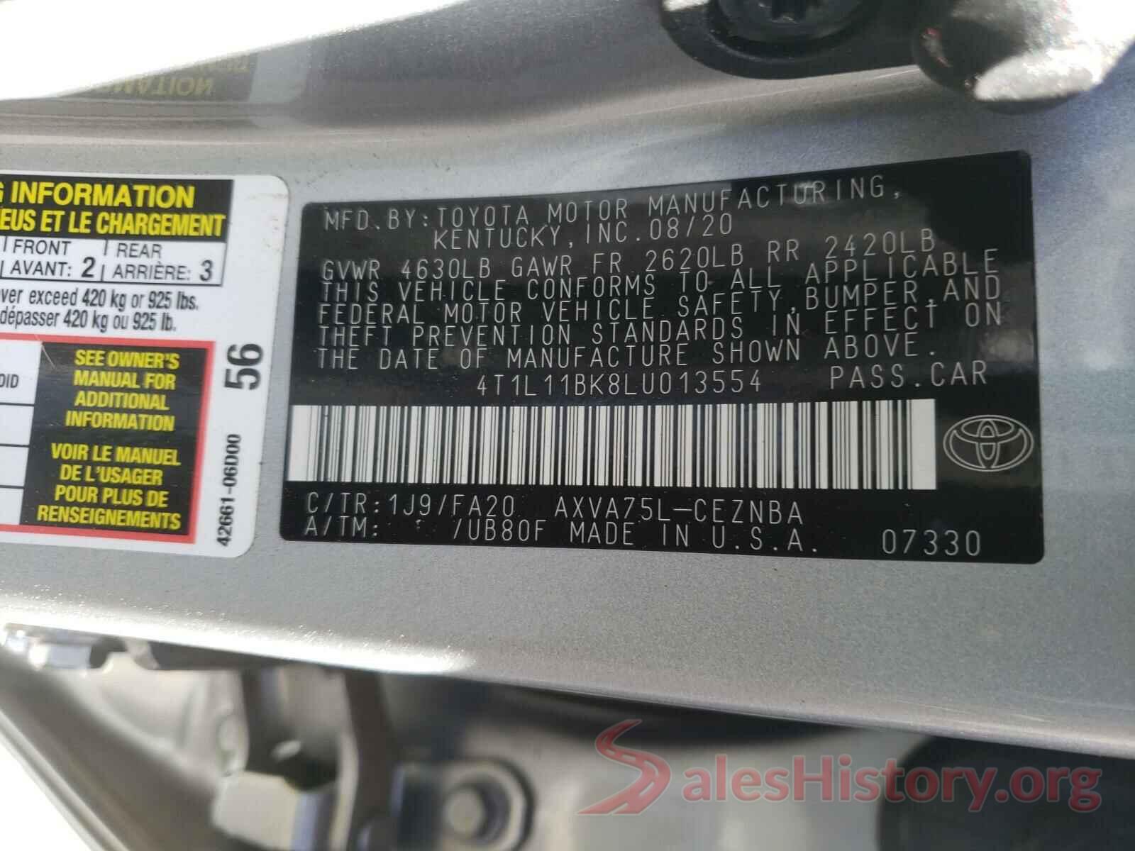 4T1L11BK8LU013554 2020 TOYOTA CAMRY