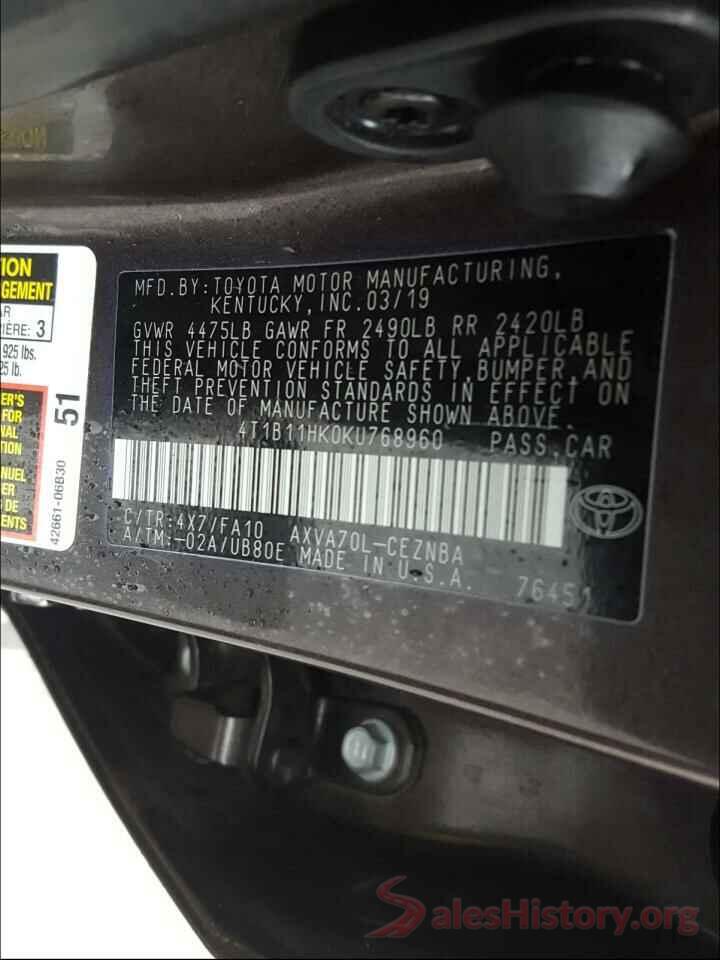 4T1B11HK0KU768960 2019 TOYOTA CAMRY