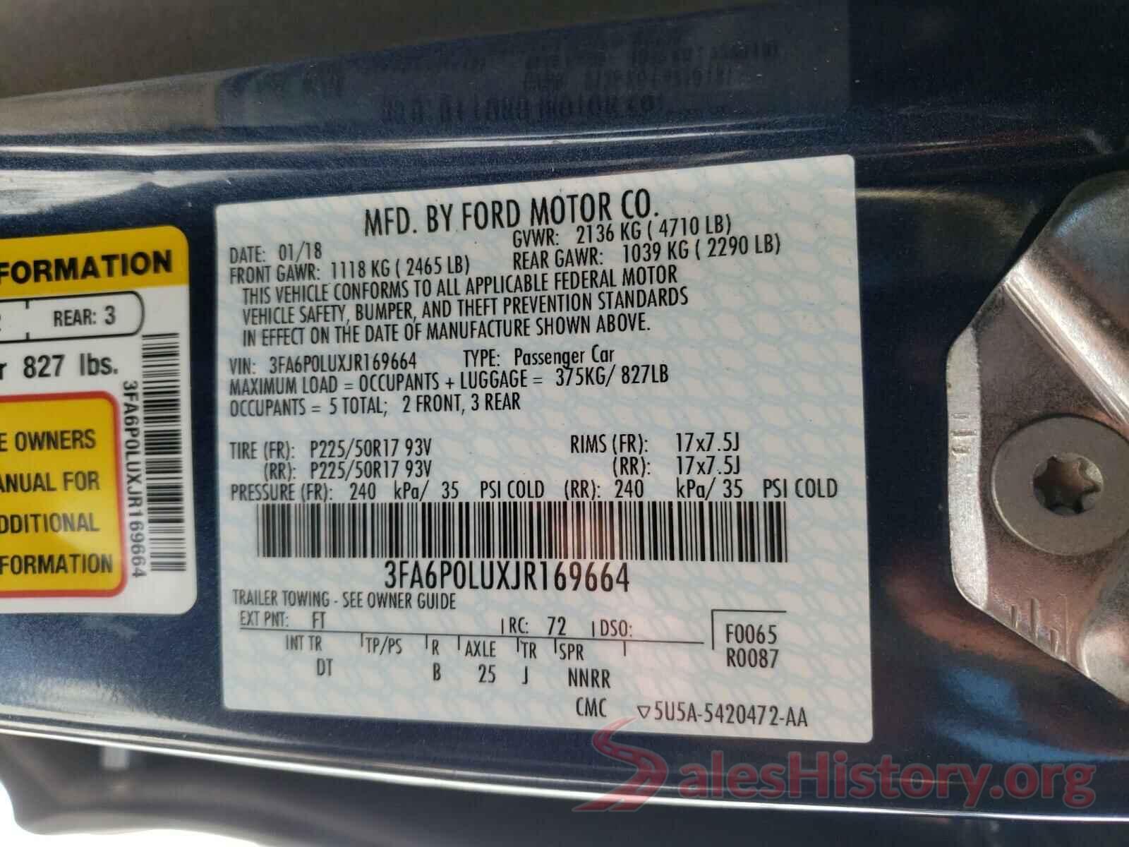 3FA6P0LUXJR169664 2018 FORD FUSION