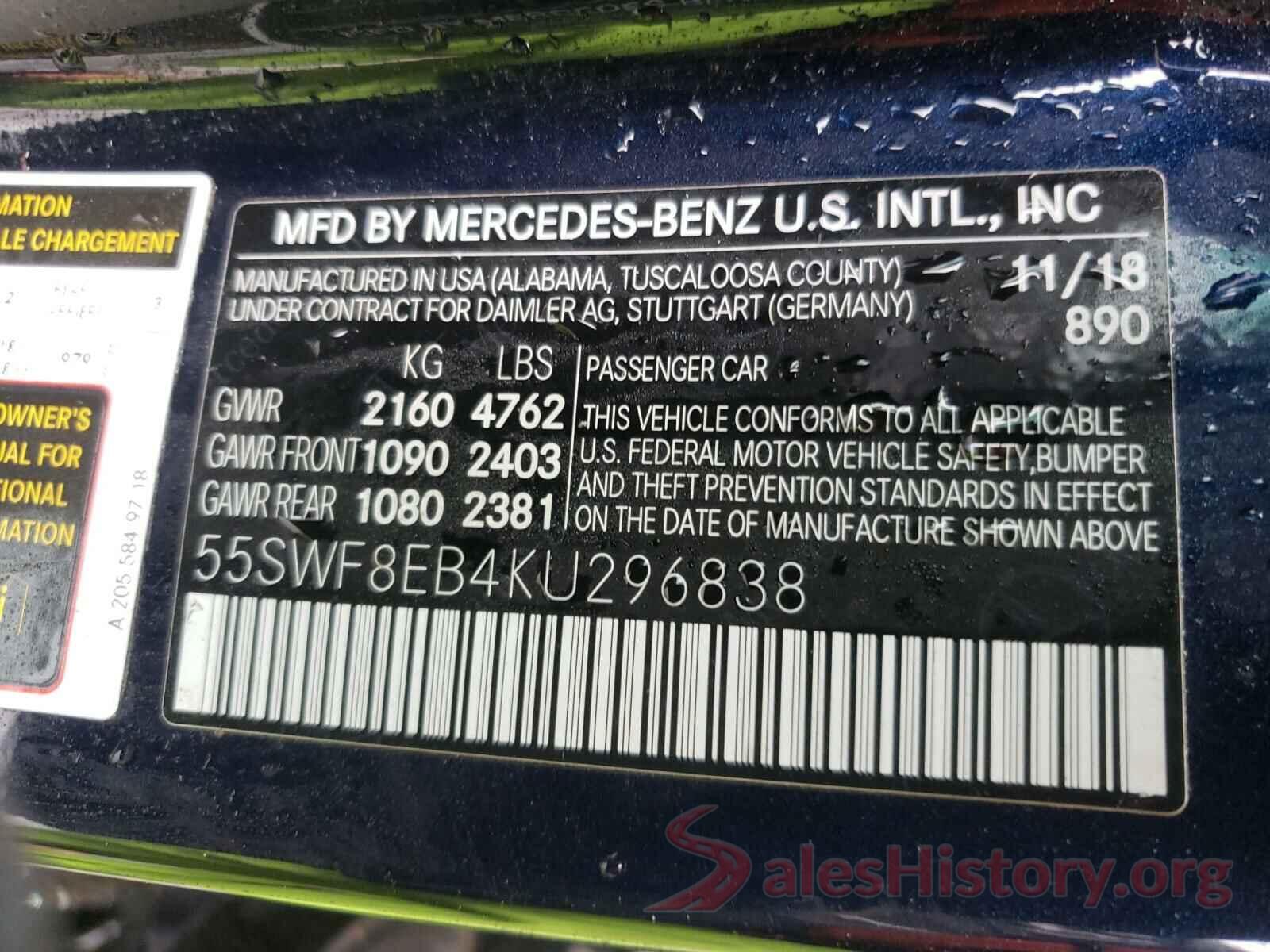 55SWF8EB4KU296838 2019 MERCEDES-BENZ C CLASS