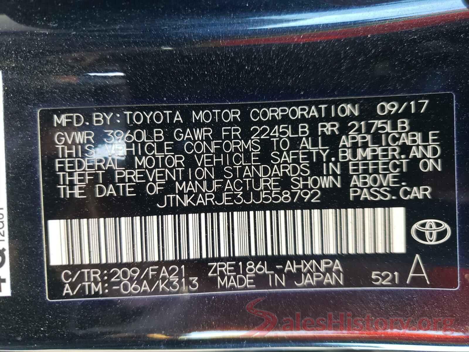 JTNKARJE3JJ558792 2018 TOYOTA COROLLA