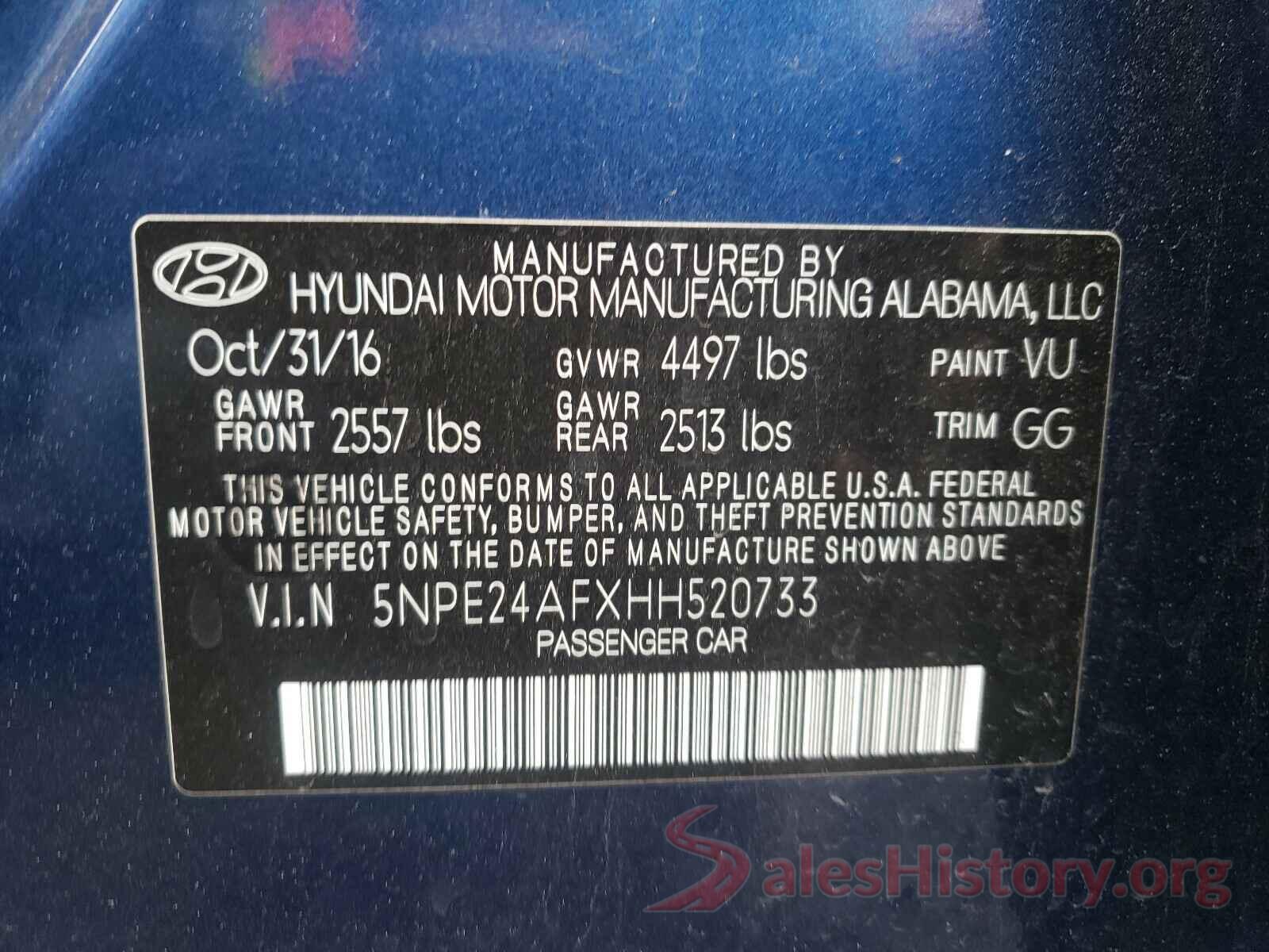 5NPE24AFXHH520733 2017 HYUNDAI SONATA