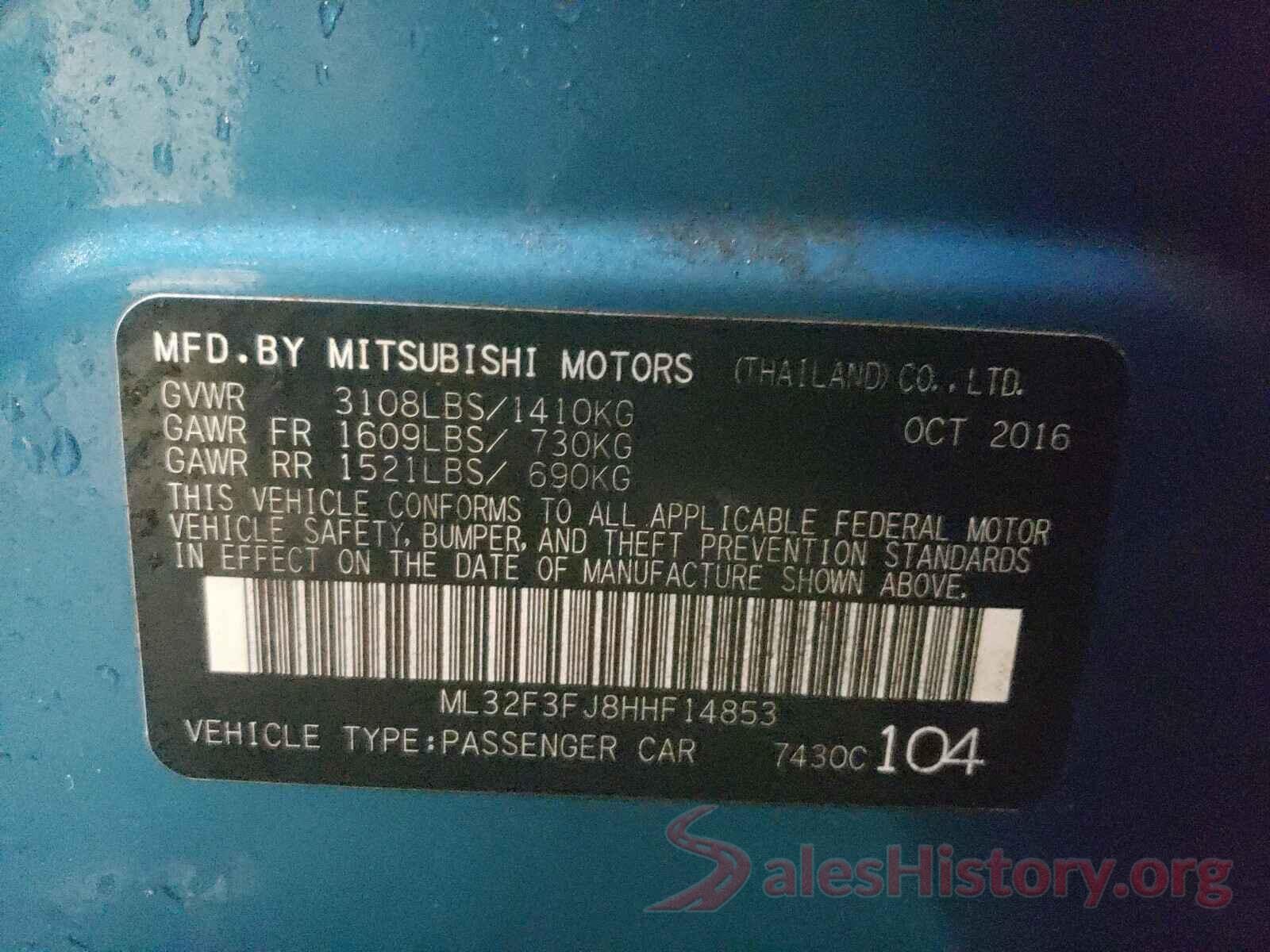 ML32F3FJ8HHF14853 2017 MITSUBISHI MIRAGE