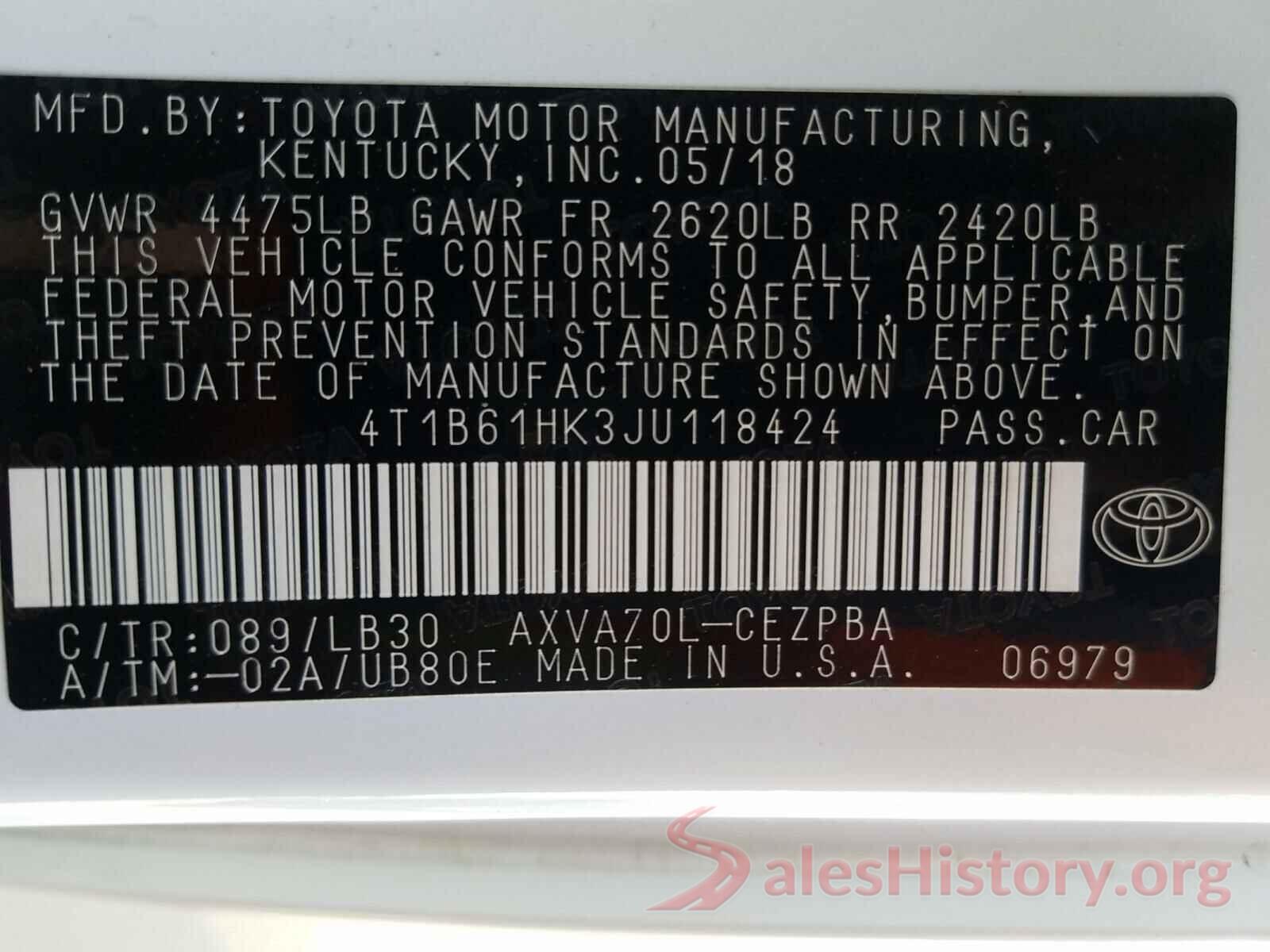 4T1B61HK3JU118424 2018 TOYOTA CAMRY