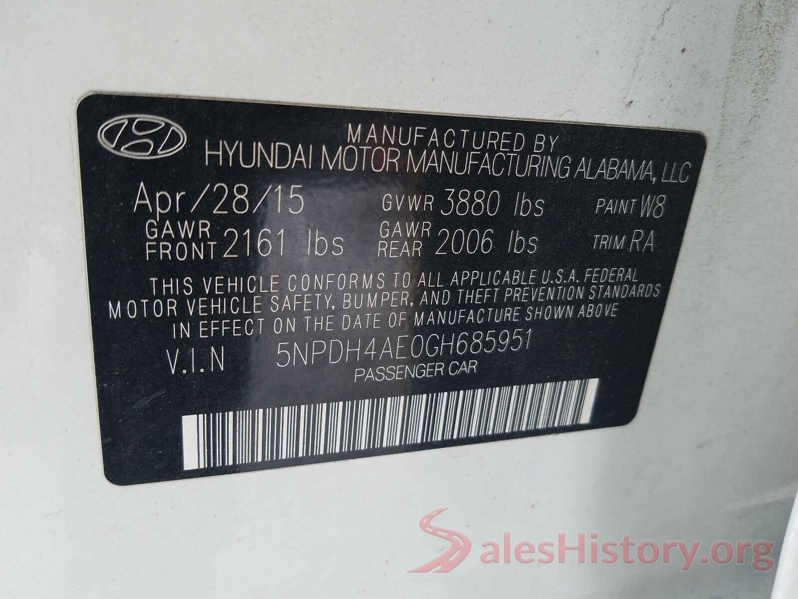 5NPDH4AE0GH685951 2016 HYUNDAI ELANTRA