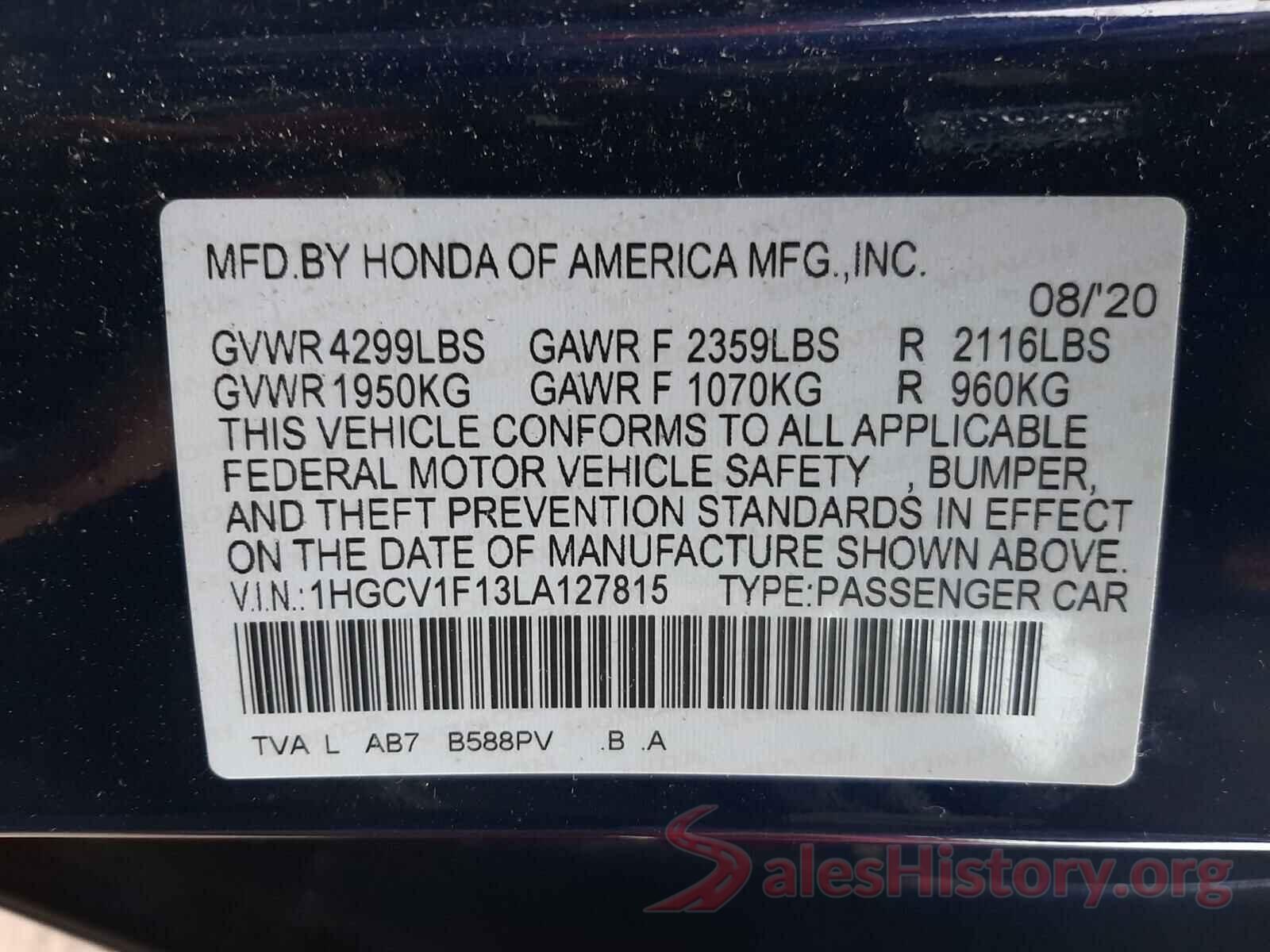 1HGCV1F13LA127815 2020 HONDA ACCORD