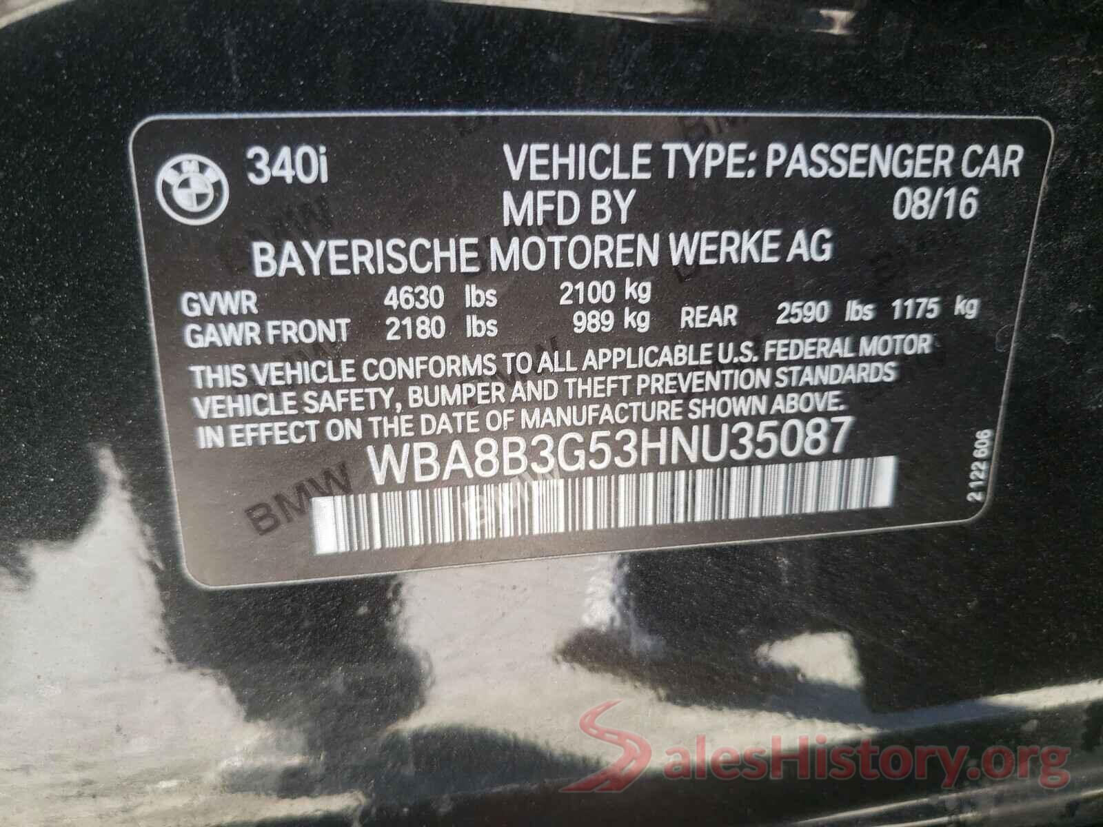 WBA8B3G53HNU35087 2017 BMW 3 SERIES