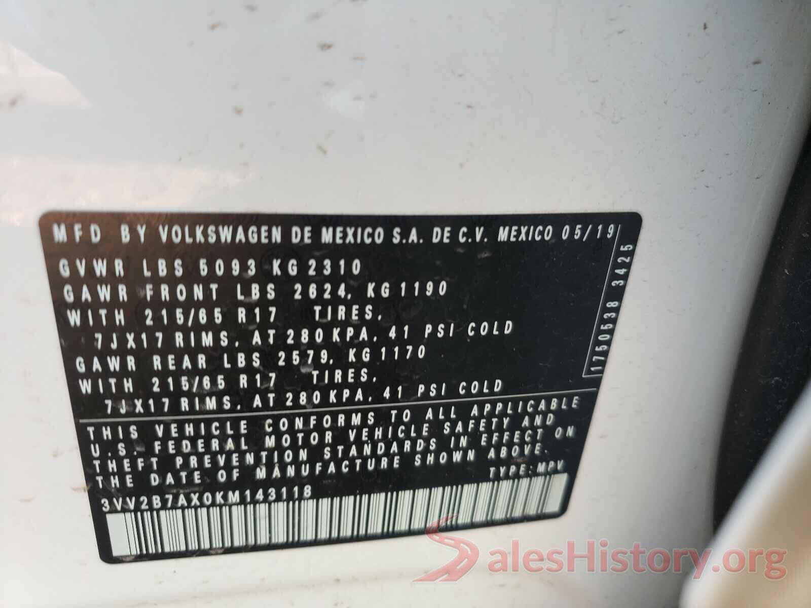 3VV2B7AX0KM143118 2019 VOLKSWAGEN TIGUAN