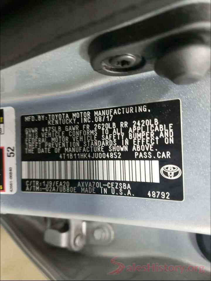 4T1B11HK4JU004852 2018 TOYOTA CAMRY