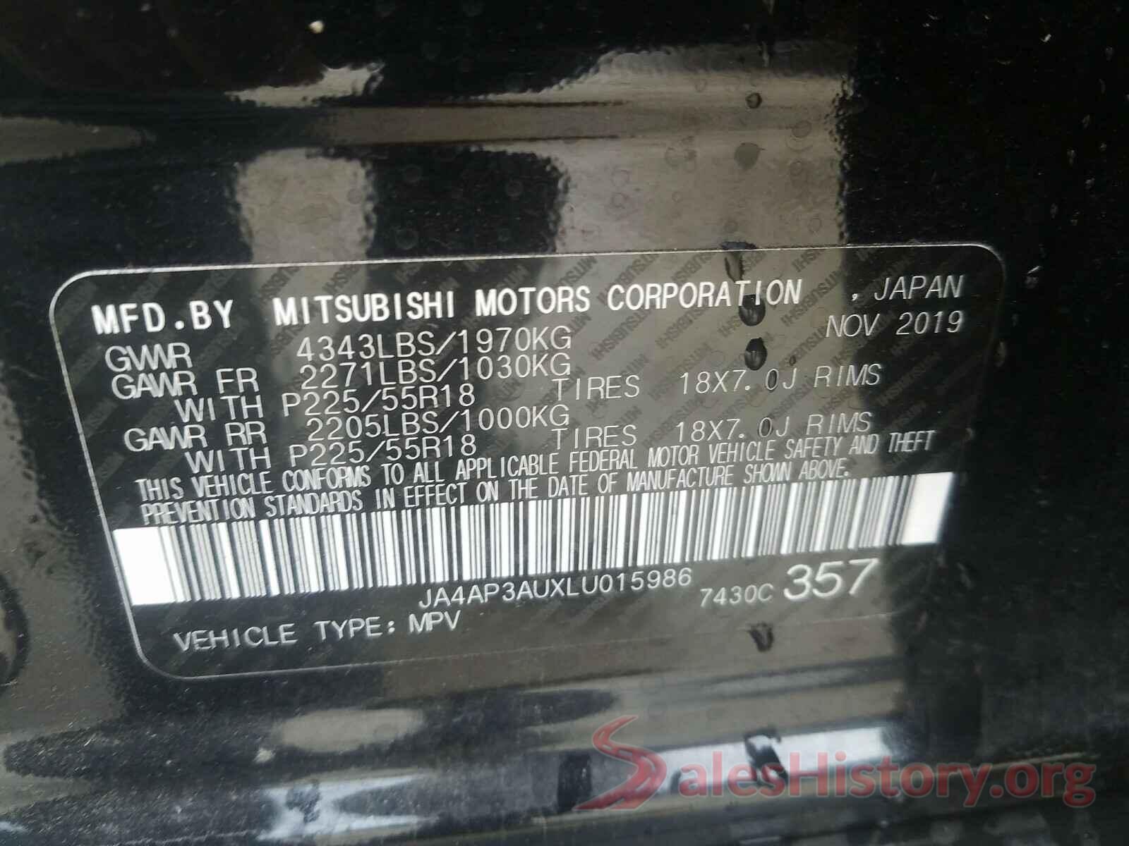 JA4AP3AUXLU015986 2020 MITSUBISHI OUTLANDER