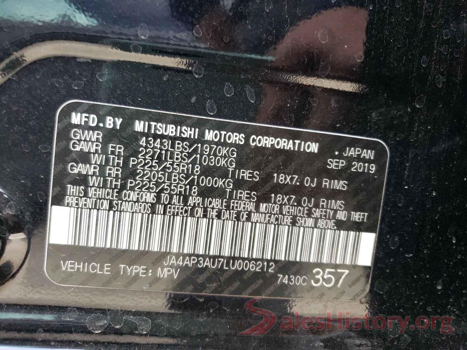 JA4AP3AU7LU006212 2020 MITSUBISHI OUTLANDER