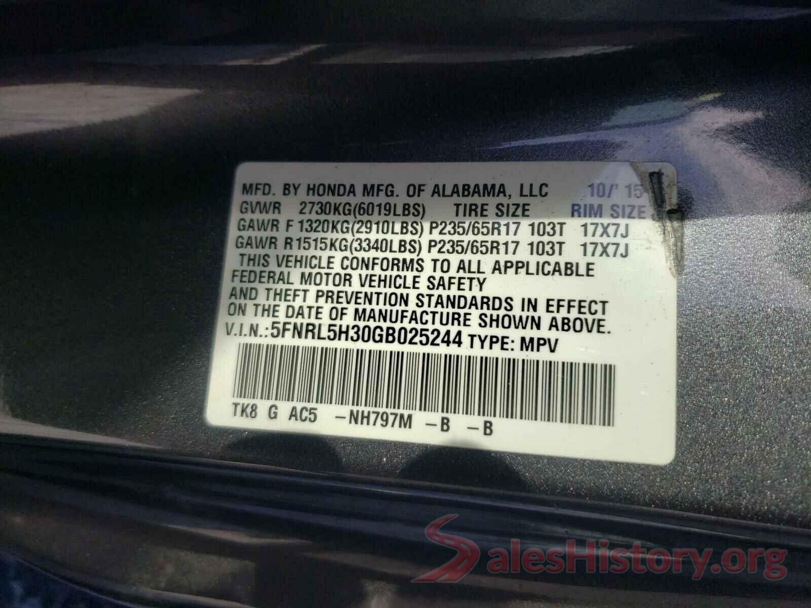 5FNRL5H30GB025244 2016 HONDA ODYSSEY